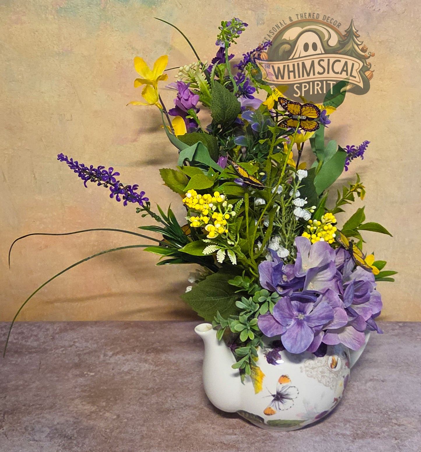 Lavender Whisper Tea Gathering - Butterfly Teapot Vintage Tabletop Centerpiece