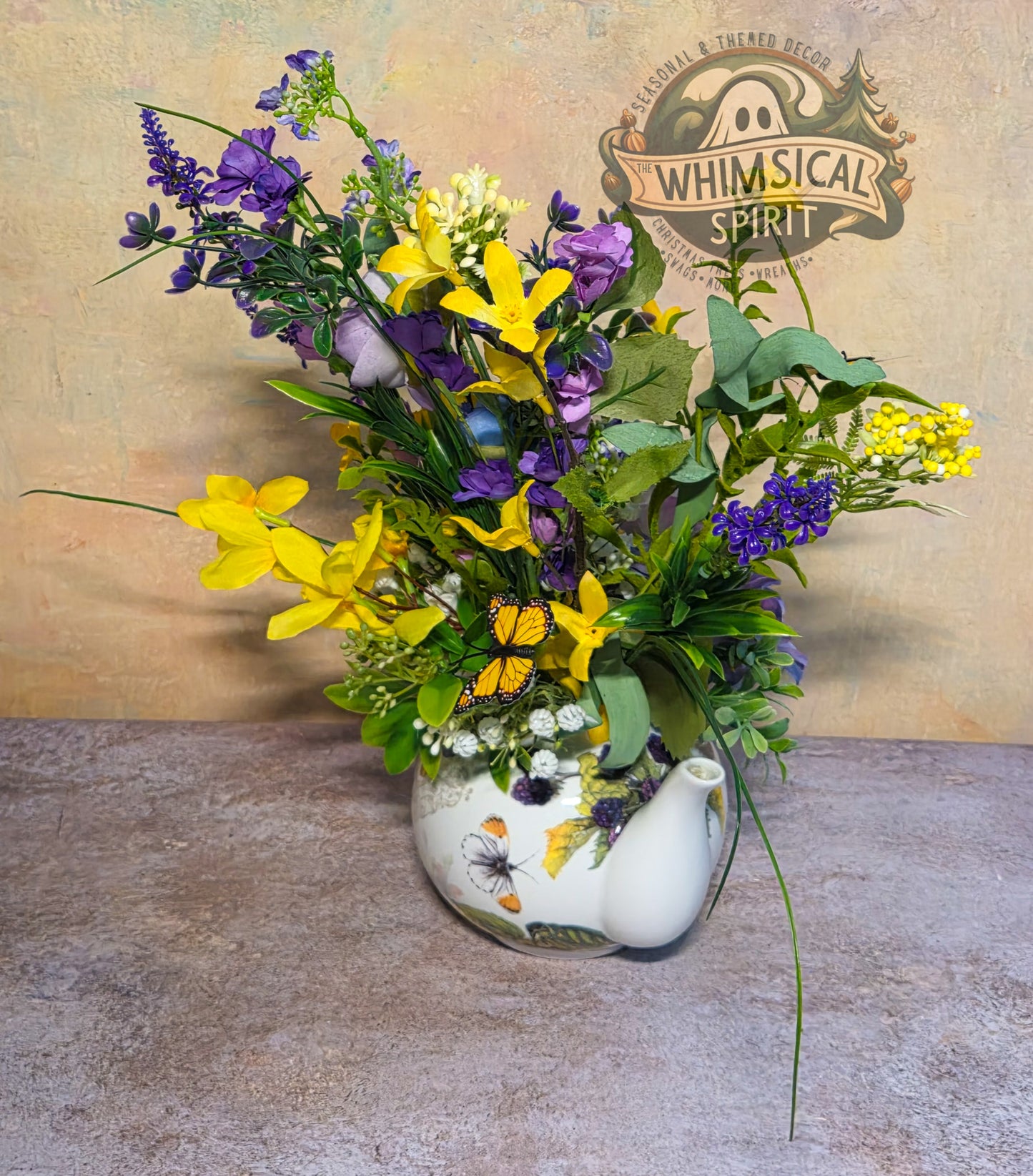 Lavender Whisper Tea Gathering - Butterfly Teapot Vintage Tabletop Centerpiece