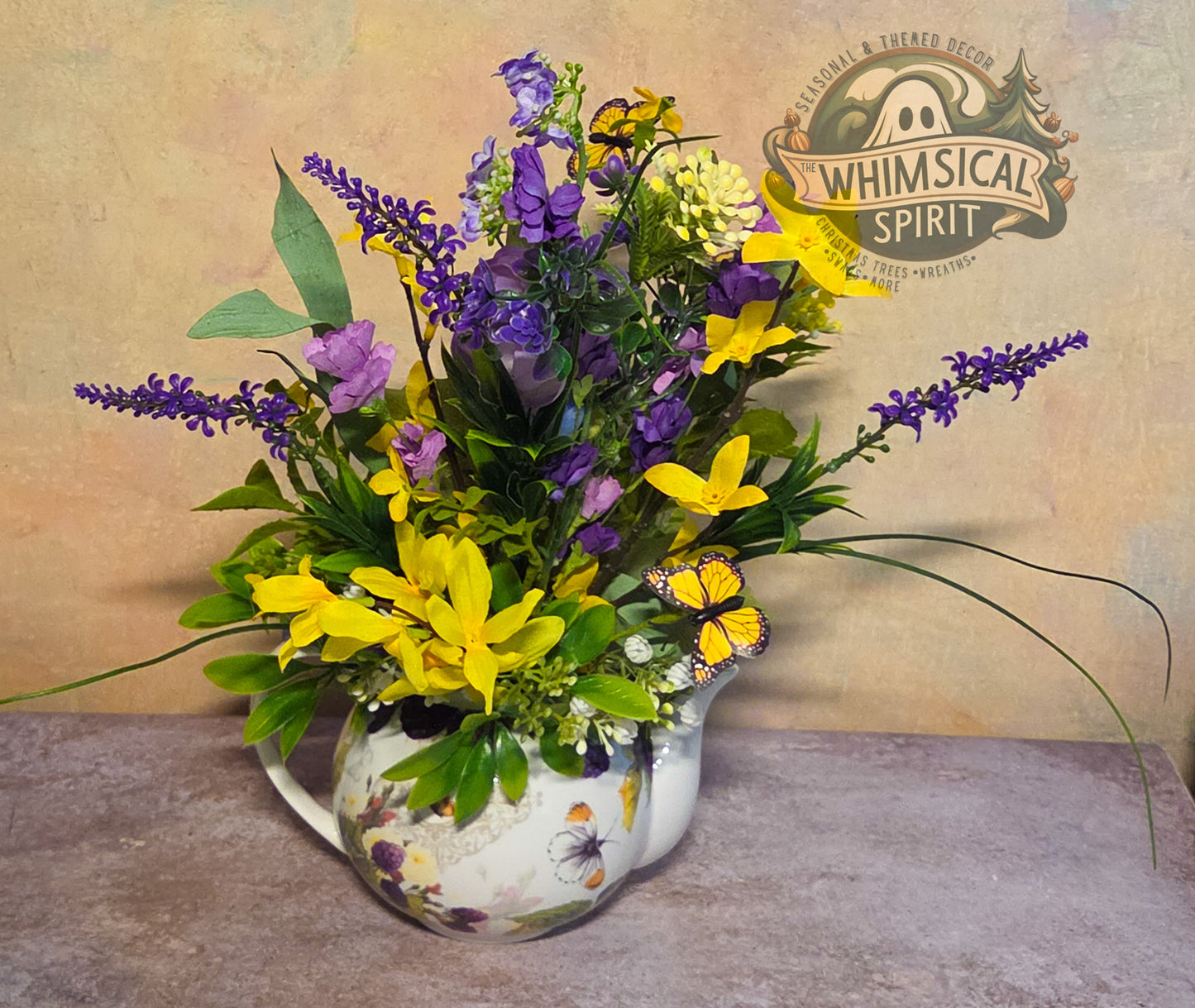 Lavender Whisper Tea Gathering - Butterfly Teapot Vintage Tabletop Centerpiece