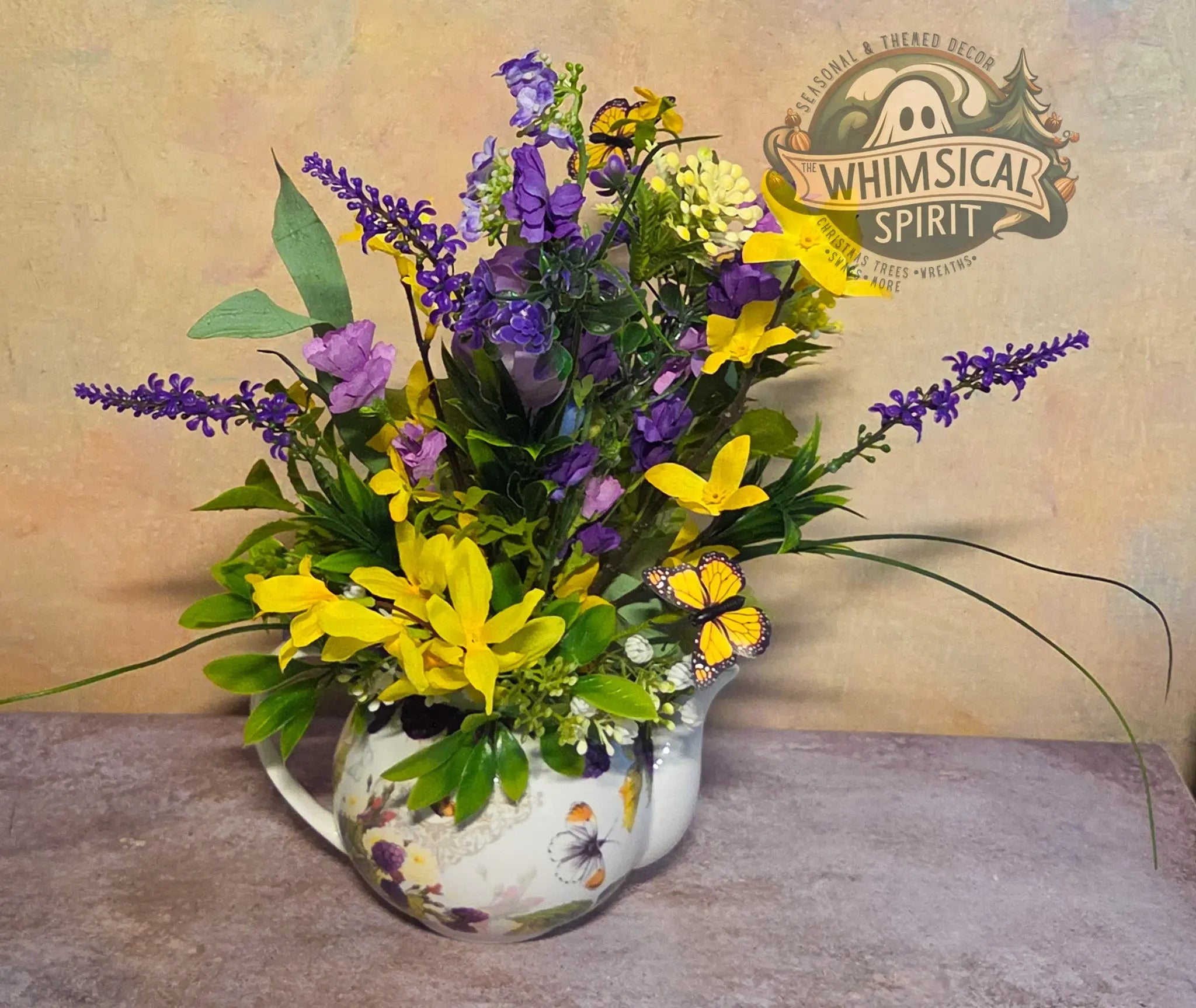 Lavender Whisper Tea Gathering - Butterfly Teapot Vintage Tabletop Centerpiece The Whimsical Spirit