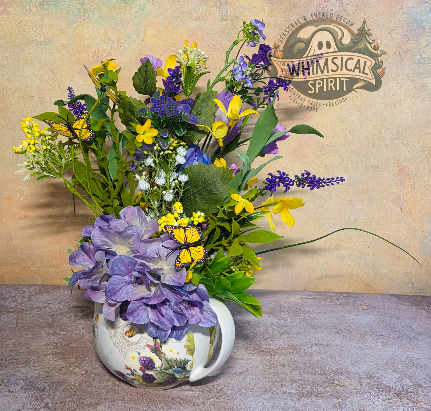 Lavender Whisper Tea Gathering - Butterfly Teapot Vintage Tabletop Centerpiece