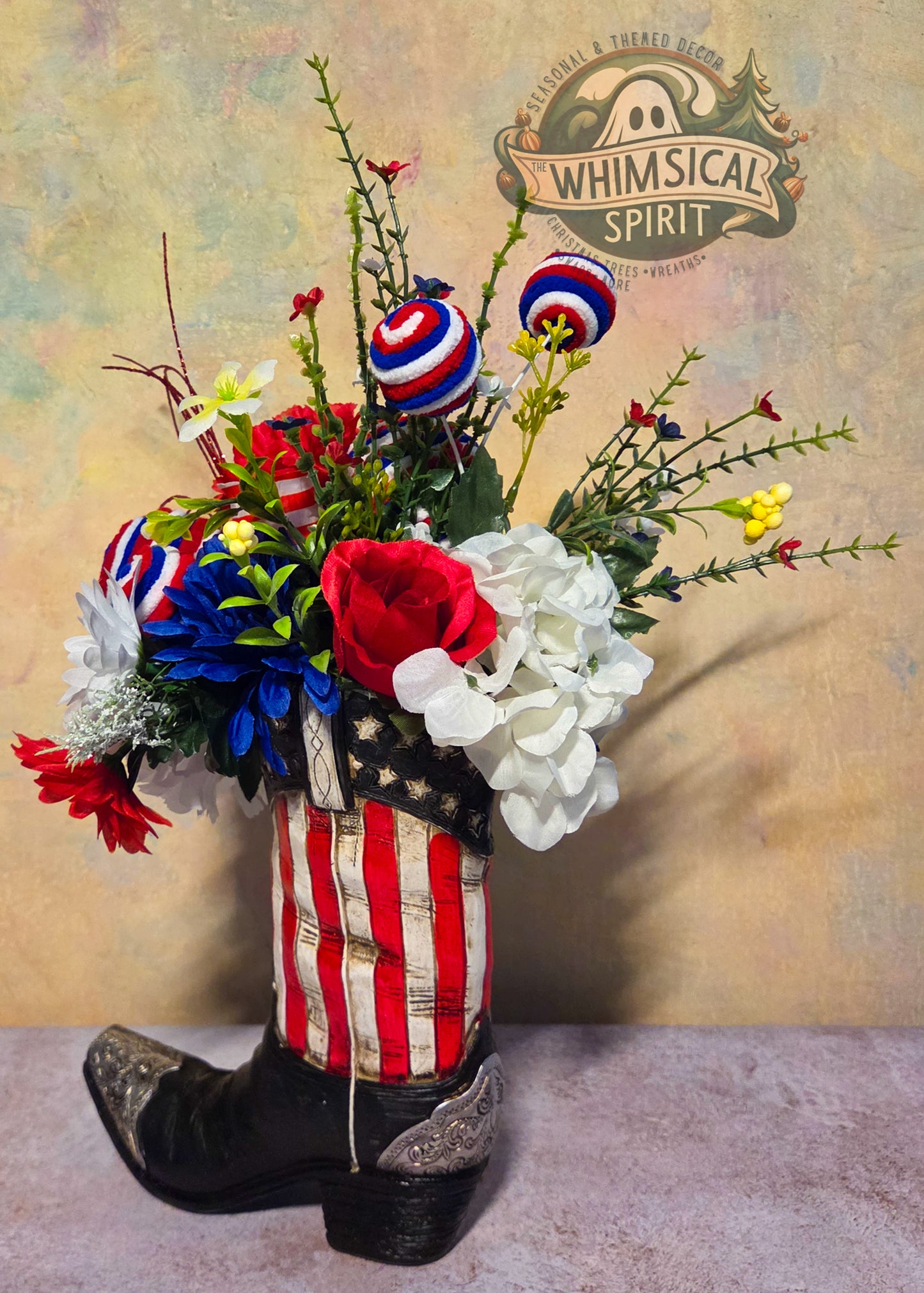Liberty Boot Bloom - 4th of July America 250 Patriotic Floral Cowboy Boot Centerpiece