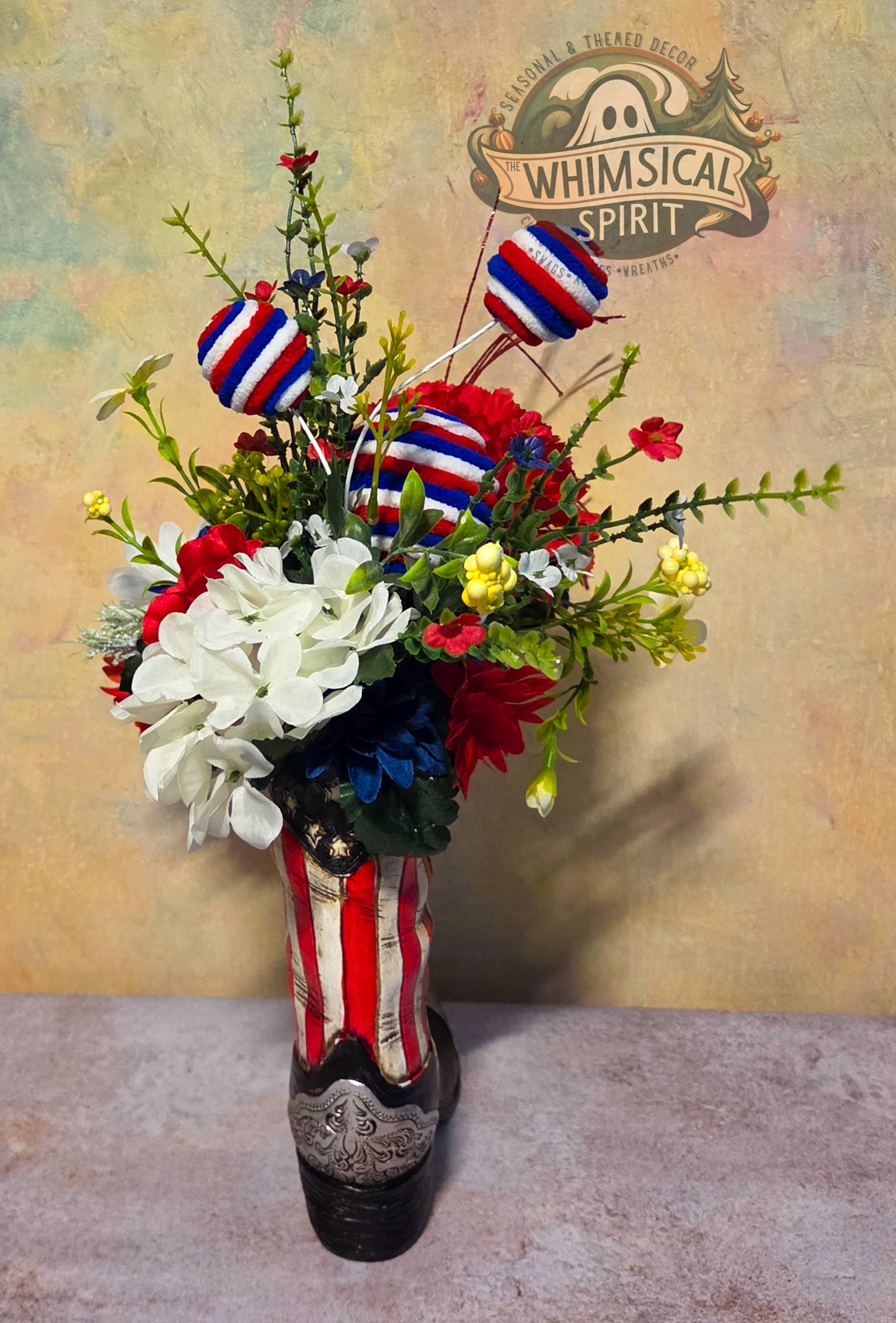 Liberty Boot Bloom - 4th of July America 250 Patriotic Floral Cowboy Boot Centerpiece