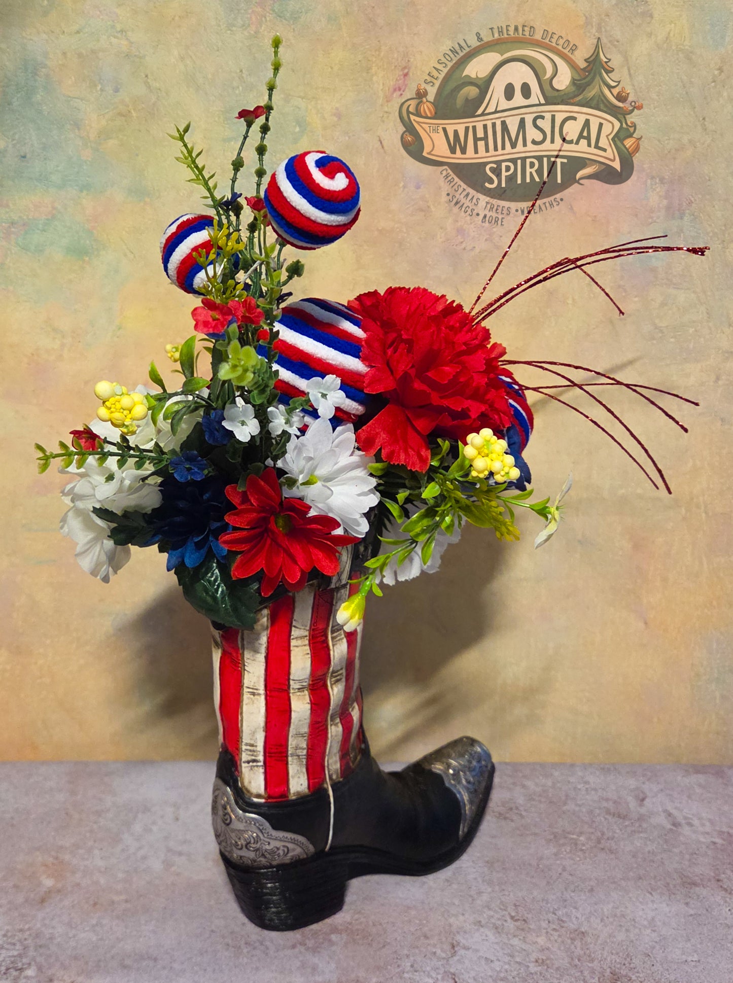 Liberty Boot Bloom - 4th of July America 250 Patriotic Floral Cowboy Boot Centerpiece