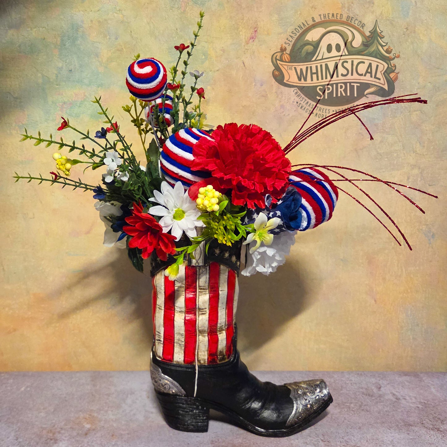 Liberty Boot Bloom - 4th of July America 250 Patriotic Floral Cowboy Boot Centerpiece