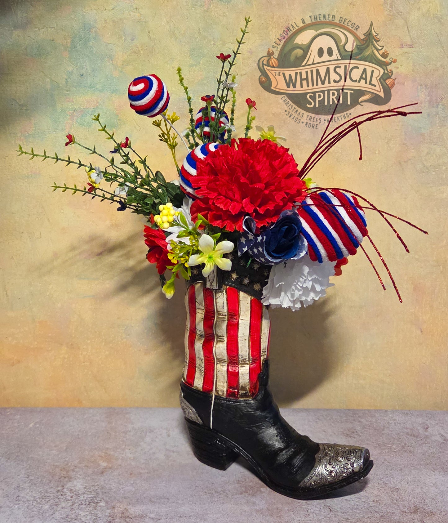 Liberty Boot Bloom - 4th of July America 250 Patriotic Floral Cowboy Boot Centerpiece