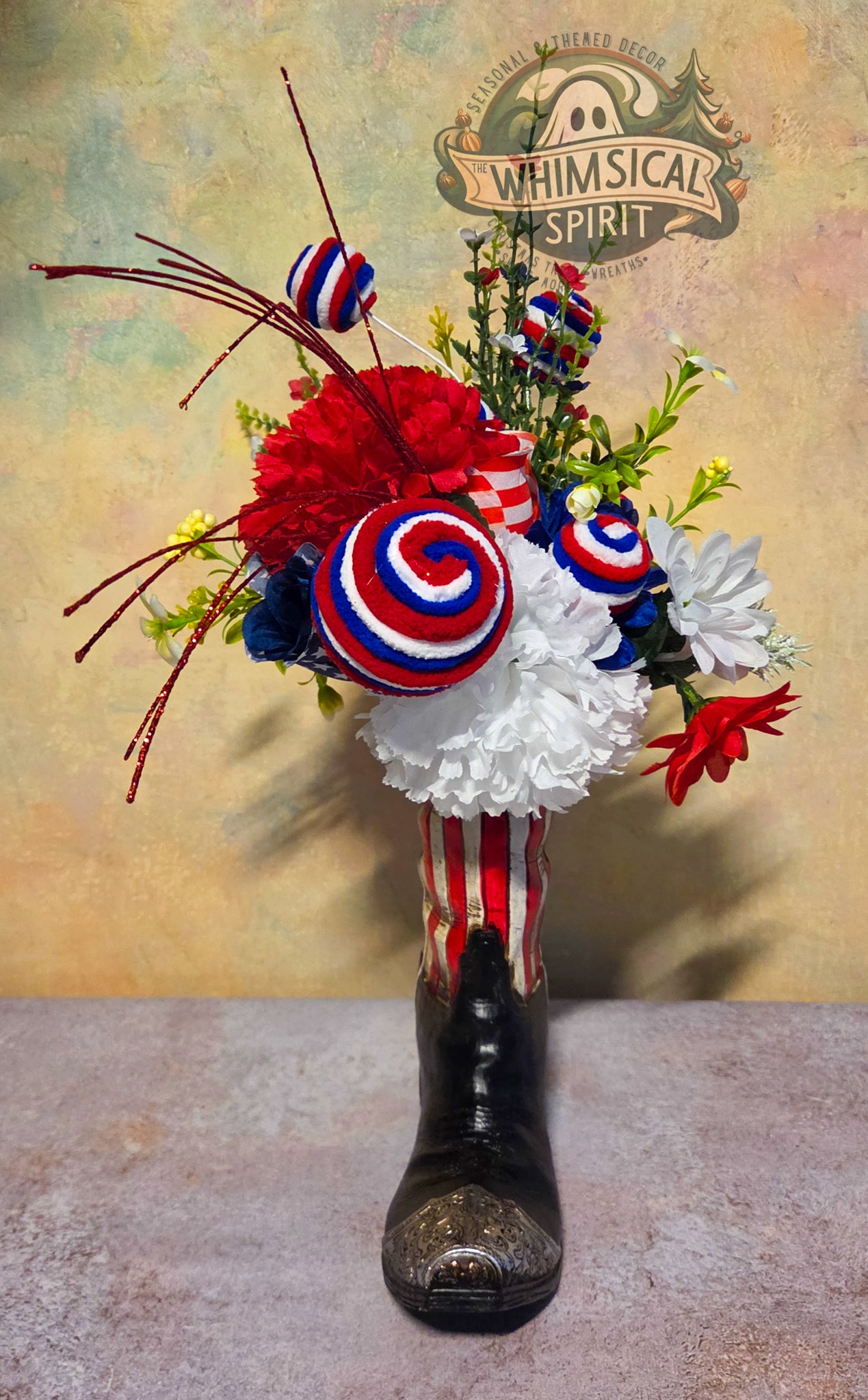 Liberty Boot Bloom - 4th of July America 250 Patriotic Floral Cowboy Boot Centerpiece