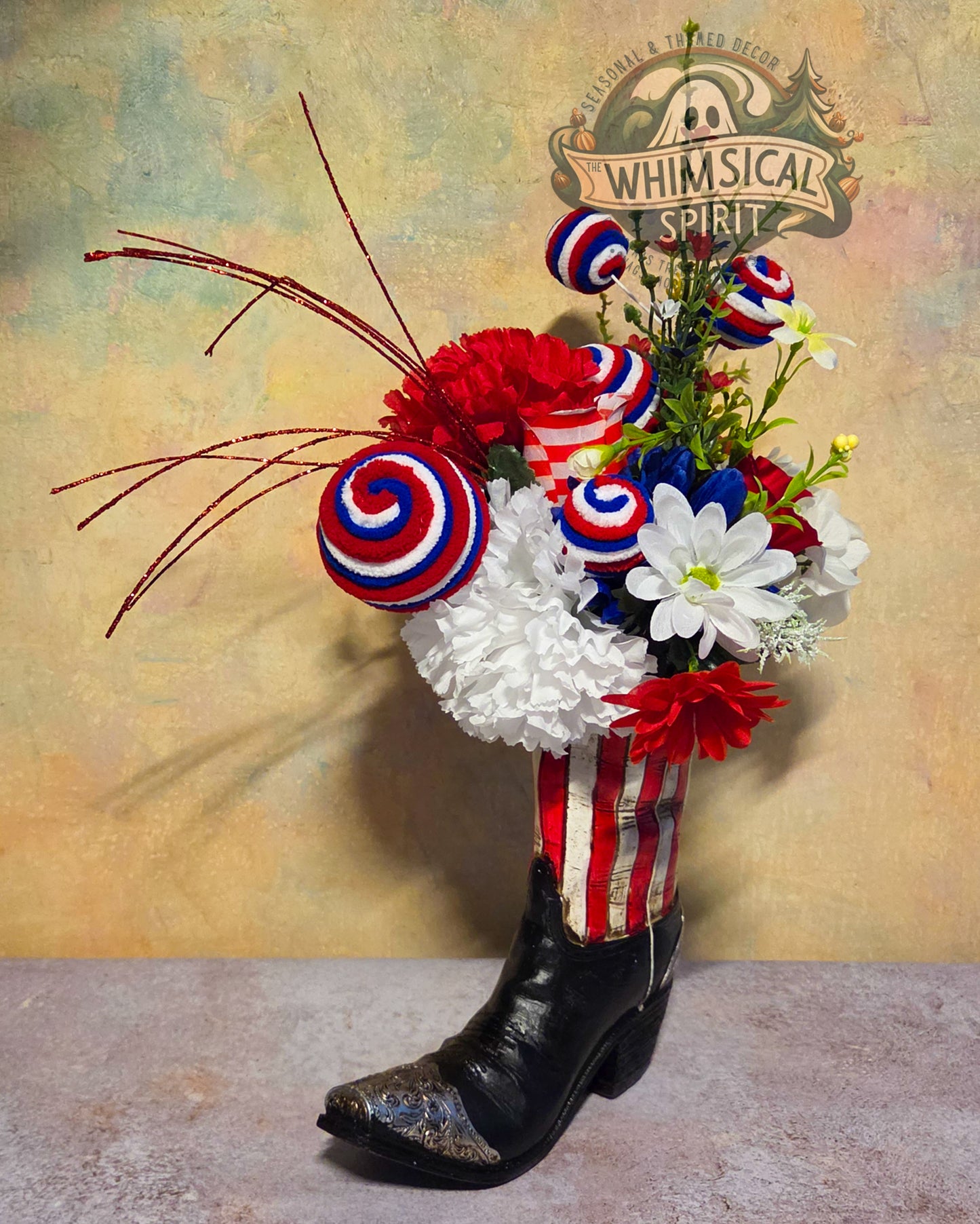 Liberty Boot Bloom - 4th of July America 250 Patriotic Floral Cowboy Boot Centerpiece