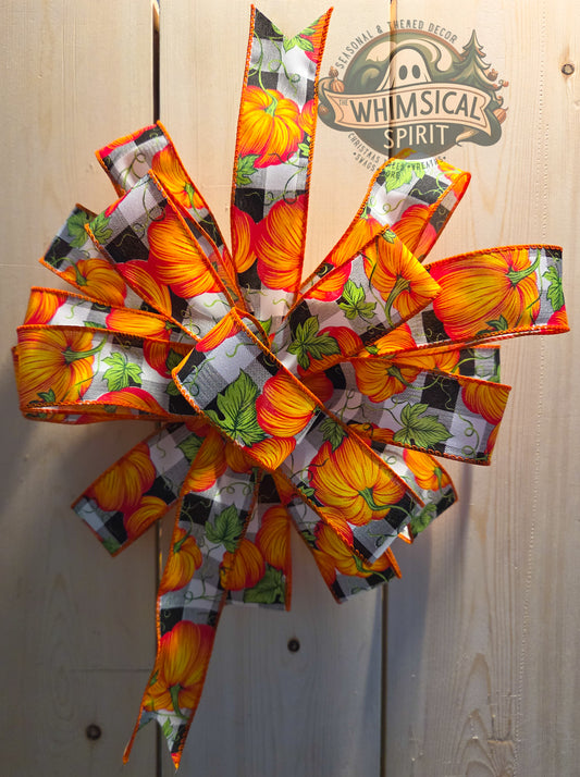 Fall Pumpkin Bow, Pumpkin Wreath Bow, Pumpkin Ribbon Bow, Fall Door Bow, Buffalo Plaid Pumpkin Bow