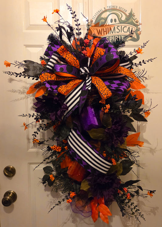 Midnight Masquerade Bloom | Elegant Halloween Door Swag with Purple Florals & Black Orange Ribbon