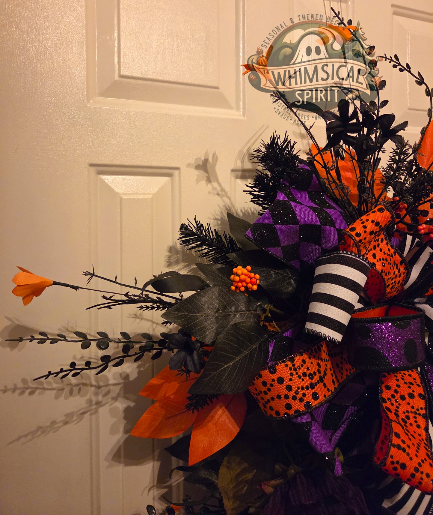 Midnight Masquerade Bloom | Elegant Halloween Door Swag with Purple Florals & Black Orange Ribbon
