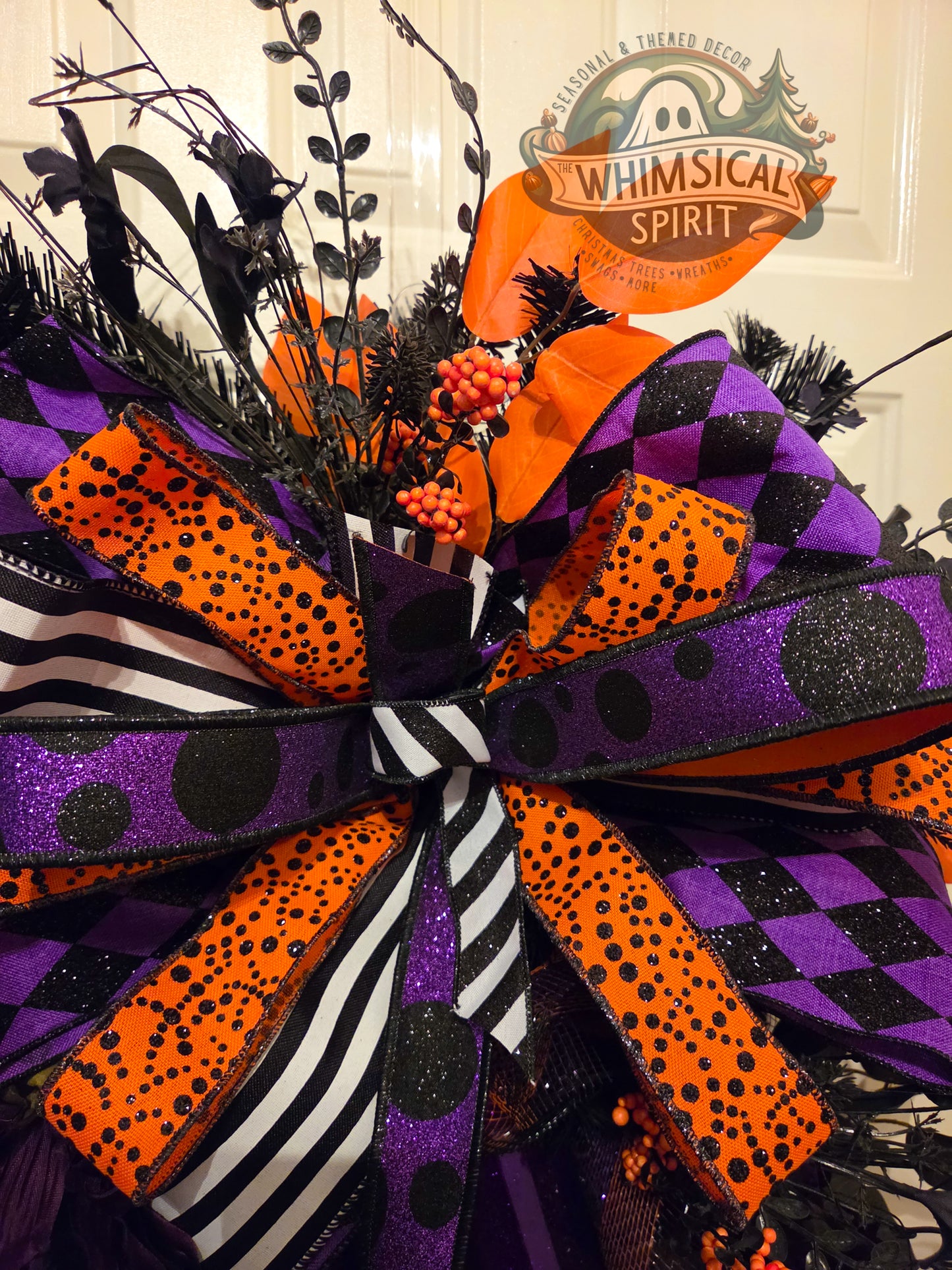 Midnight Masquerade Bloom | Elegant Halloween Door Swag with Purple Florals & Black Orange Ribbon