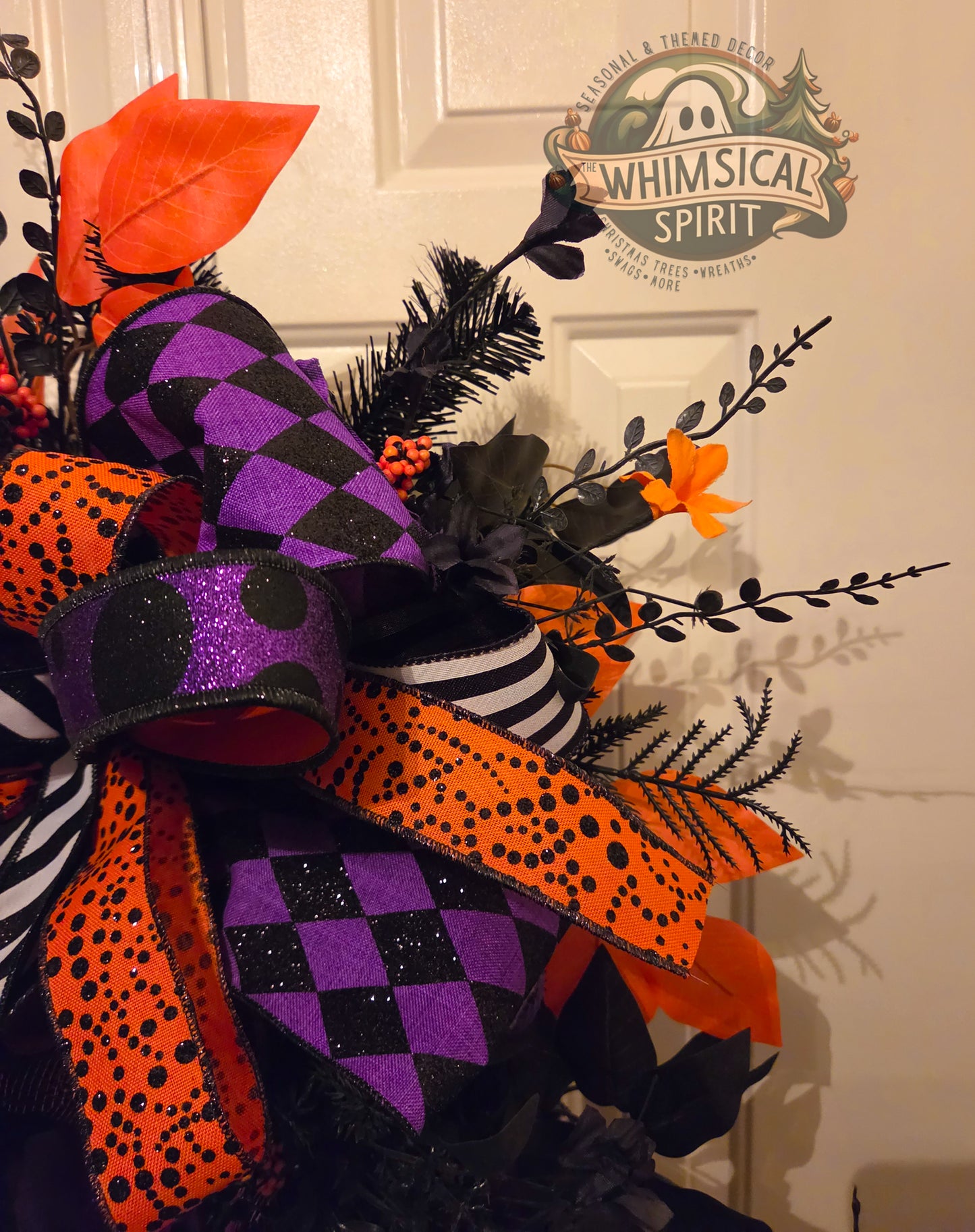 Midnight Masquerade Bloom | Elegant Halloween Door Swag with Purple Florals & Black Orange Ribbon