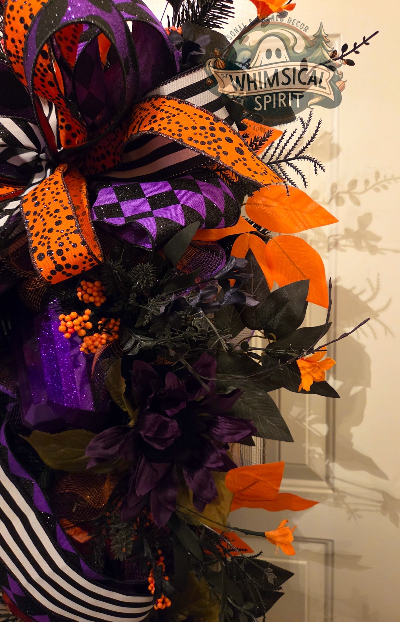 Midnight Masquerade Bloom | Elegant Halloween Door Swag with Purple Florals & Black Orange Ribbon
