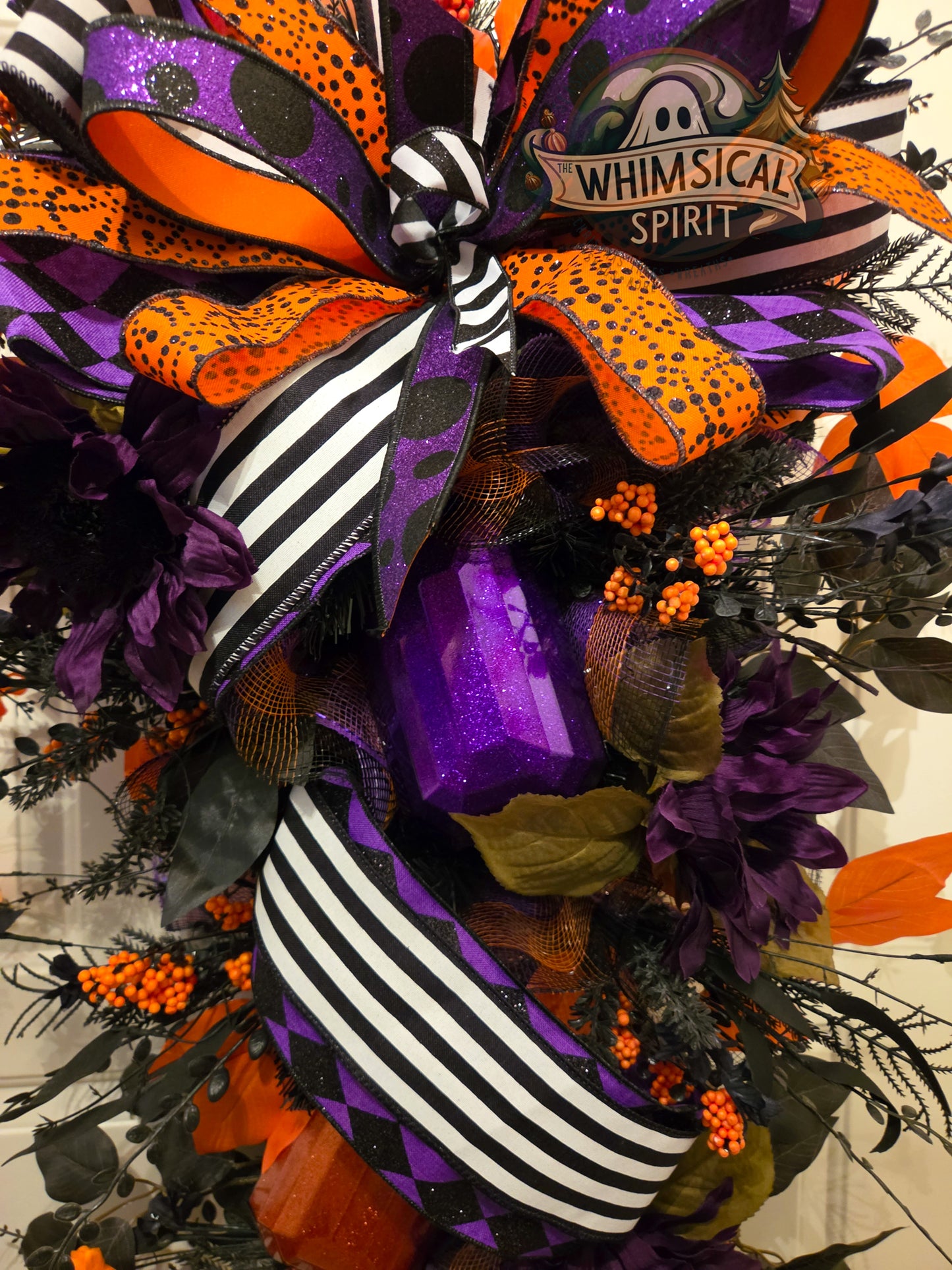 Midnight Masquerade Bloom | Elegant Halloween Door Swag with Purple Florals & Black Orange Ribbon
