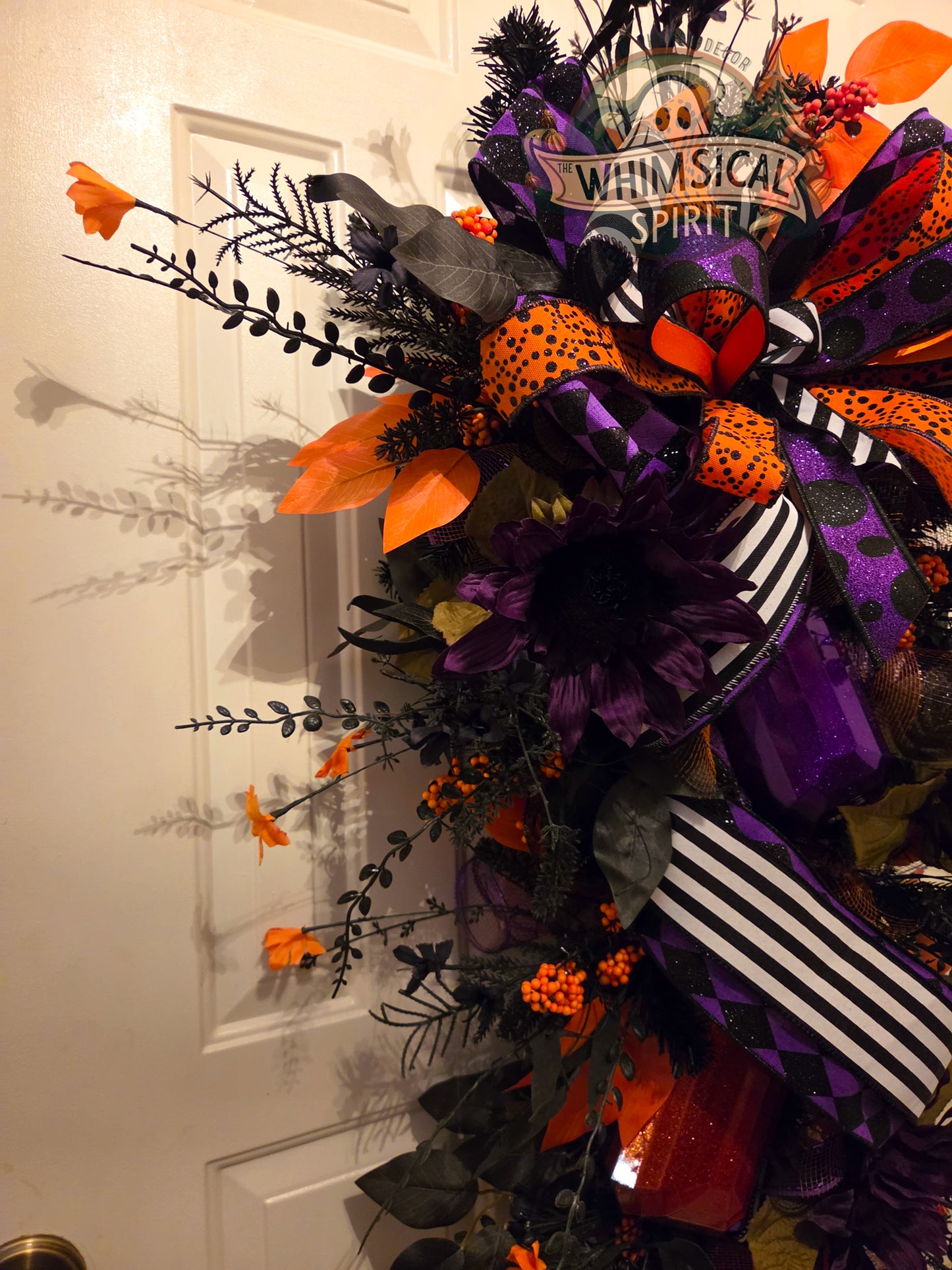 Midnight Masquerade Bloom | Elegant Halloween Door Swag with Purple Florals & Black Orange Ribbon