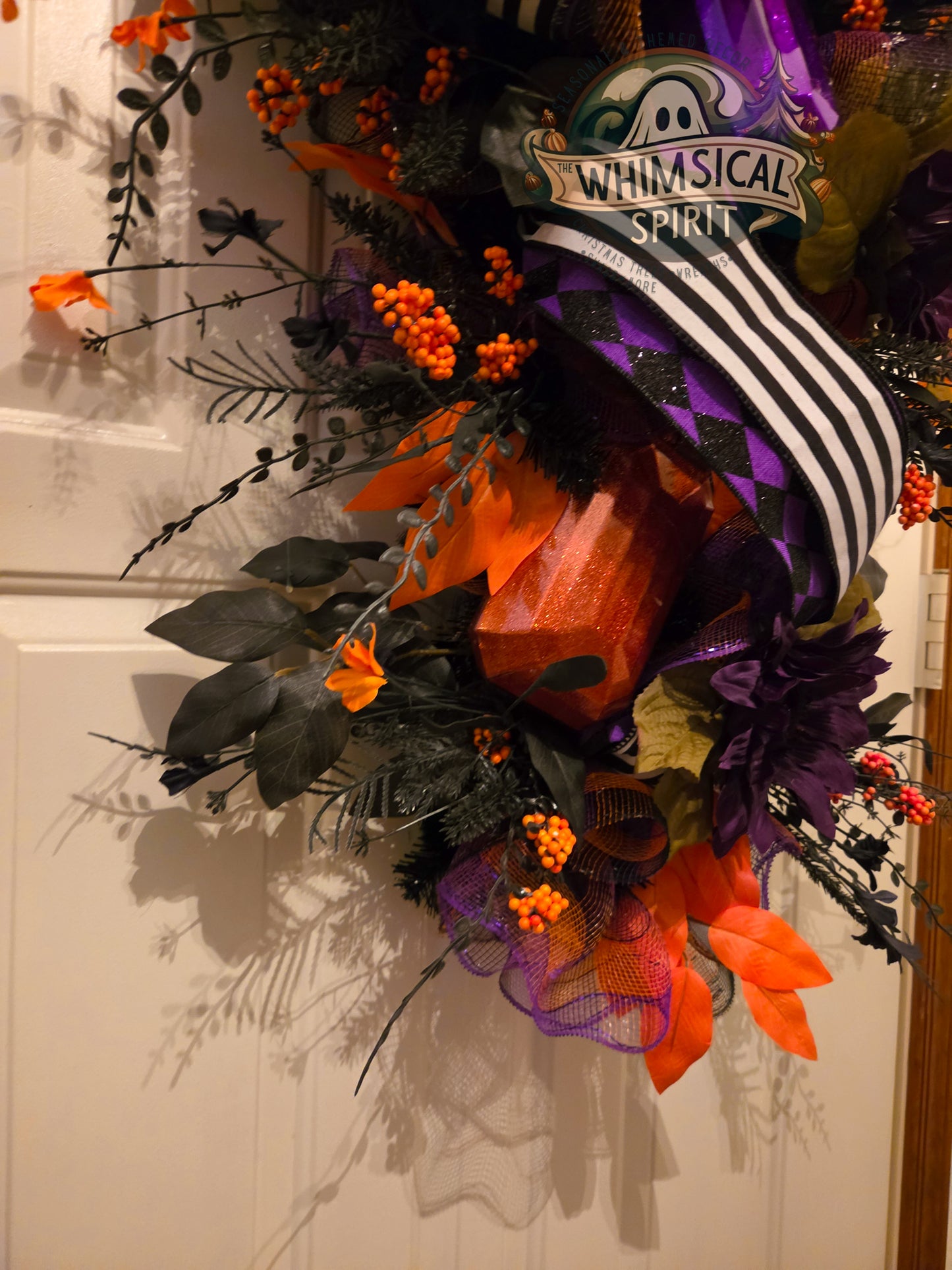 Midnight Masquerade Bloom | Elegant Halloween Door Swag with Purple Florals & Black Orange Ribbon