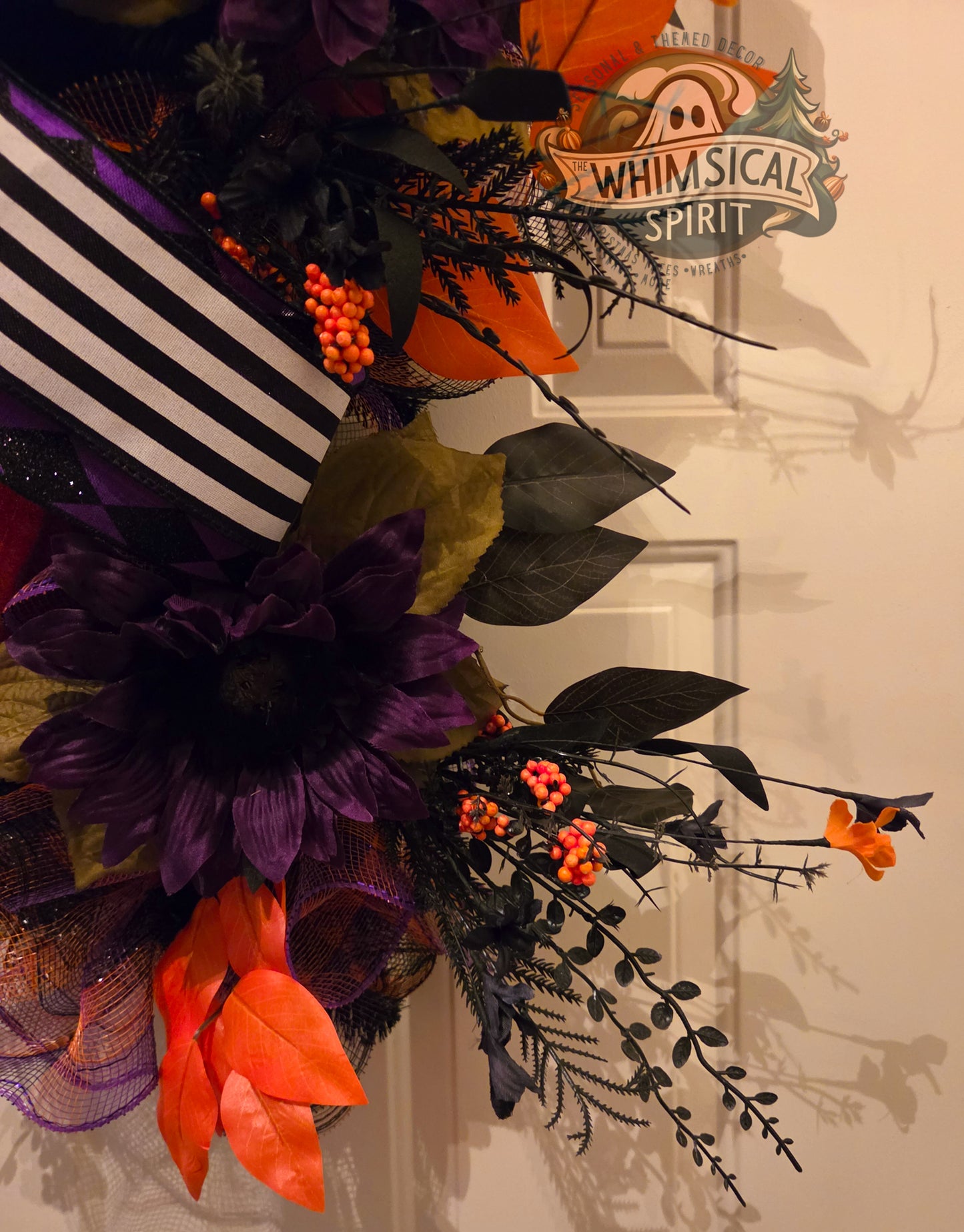 Midnight Masquerade Bloom | Elegant Halloween Door Swag with Purple Florals & Black Orange Ribbon