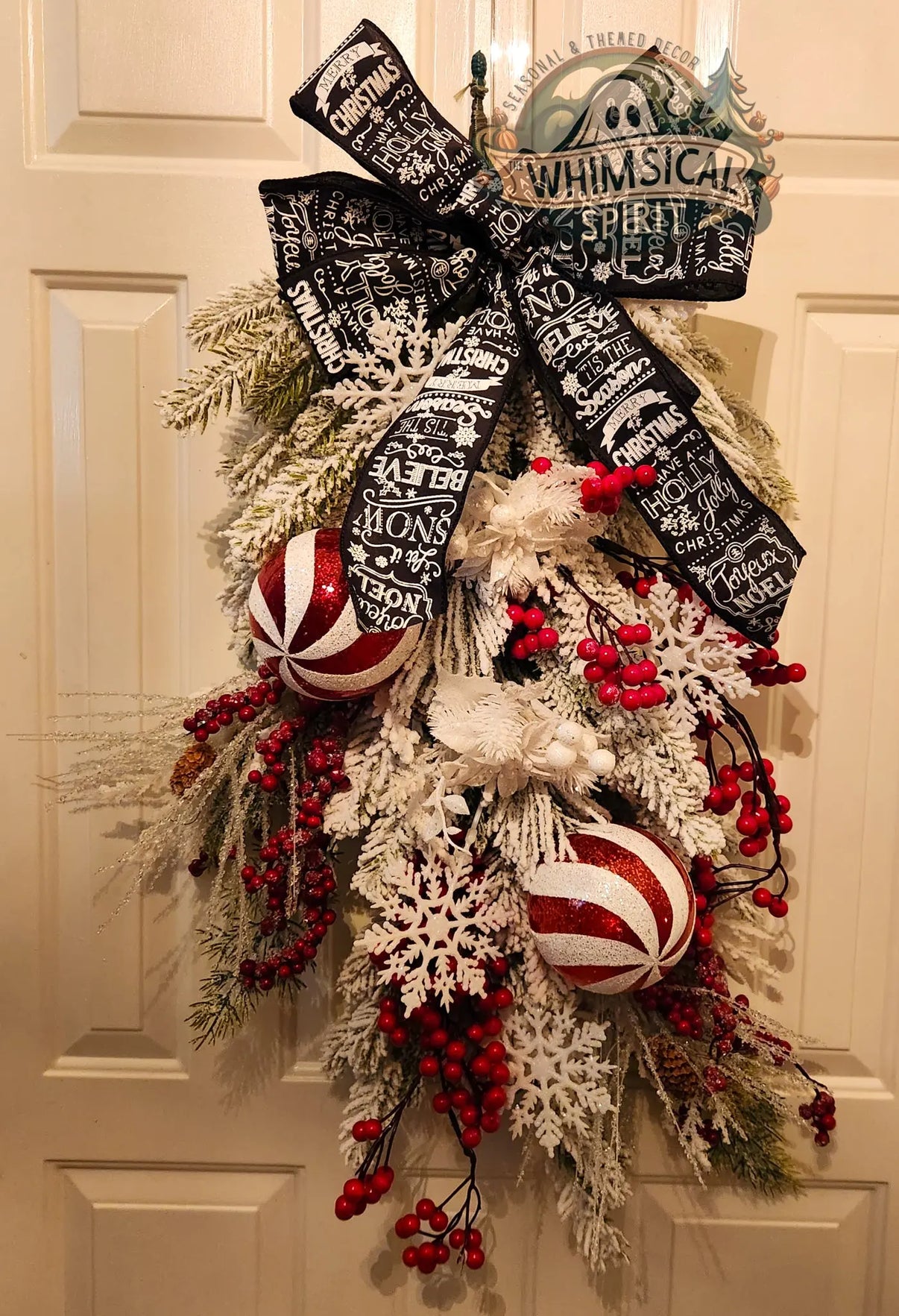 Noel in the Pines - Christmas Snowy Peppermint Flocked Evergreen Swag The Whimsical Spirit
