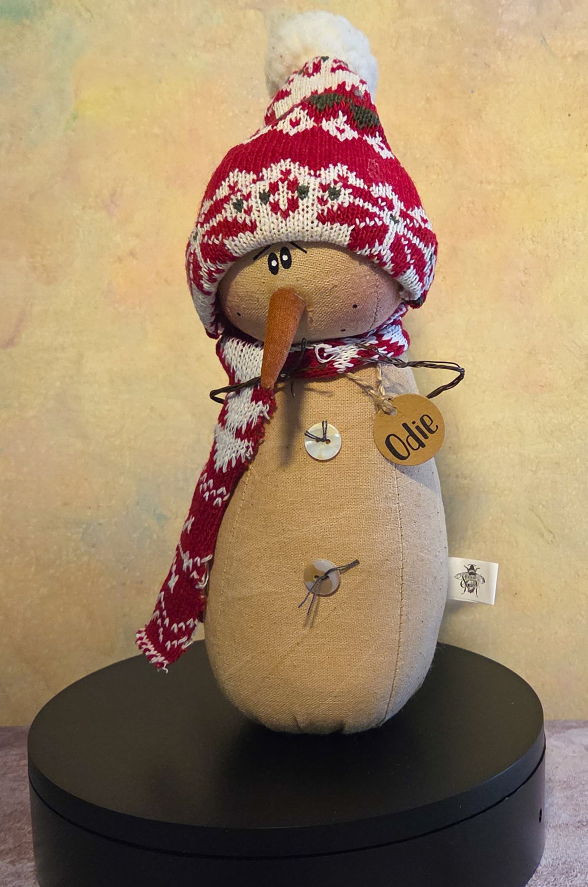 Odie the Snowman winter soft sculpture shelf sitter with red knit hat, matching scarf, carrot nose, twig arms, button details, and name tag.