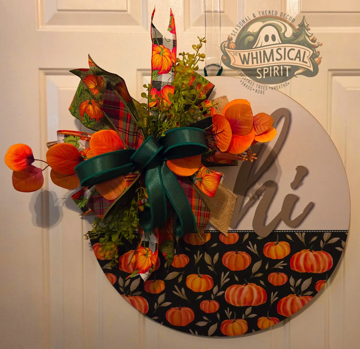 Patchwork Pumpkin Hello | Fall Pumpkin Door Hanger with Green & Plaid Bow The Whimsical Spirit