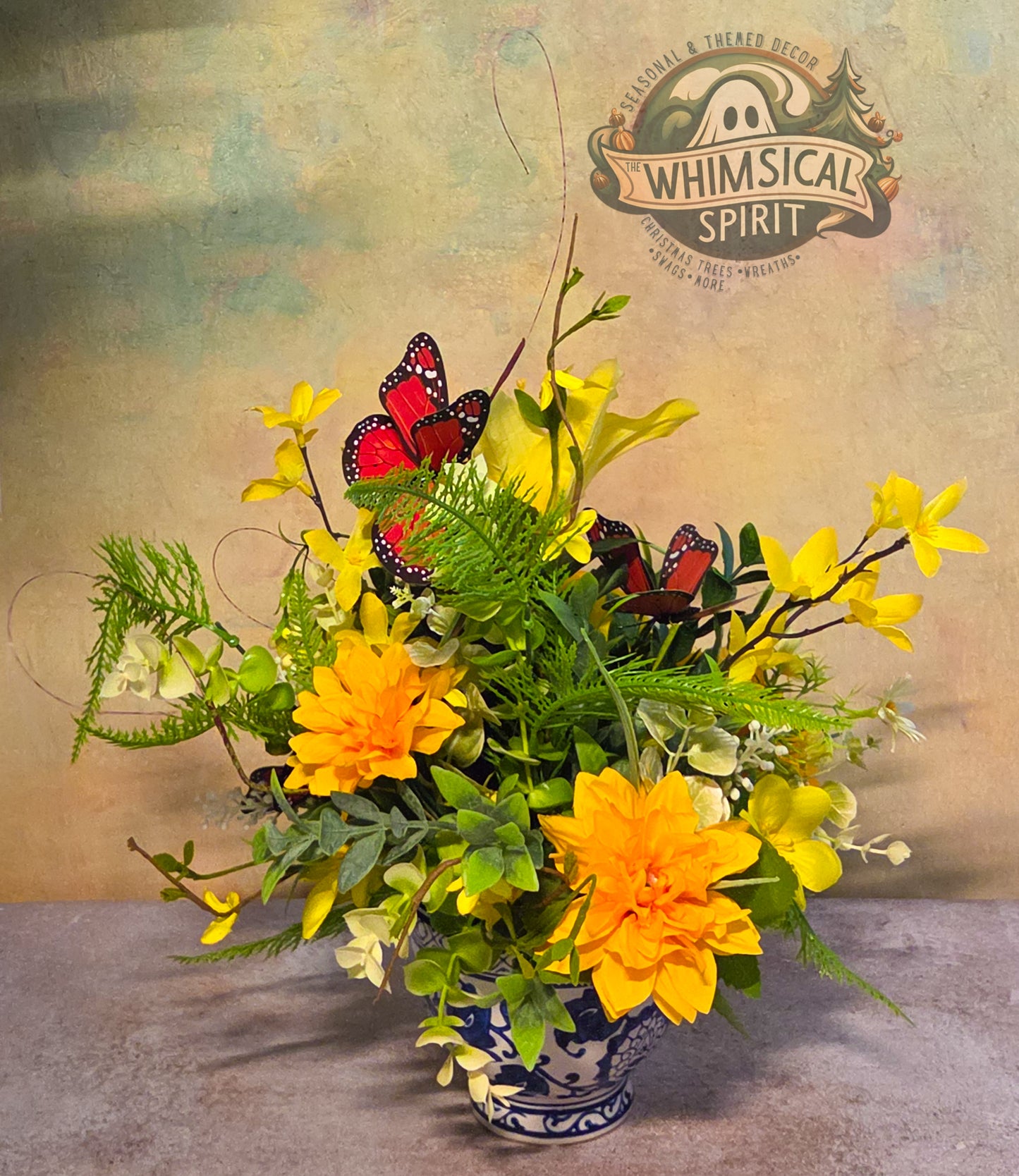 Porcelain Petal Drift - Butterfly Chinoiserie Floral Centerpiece