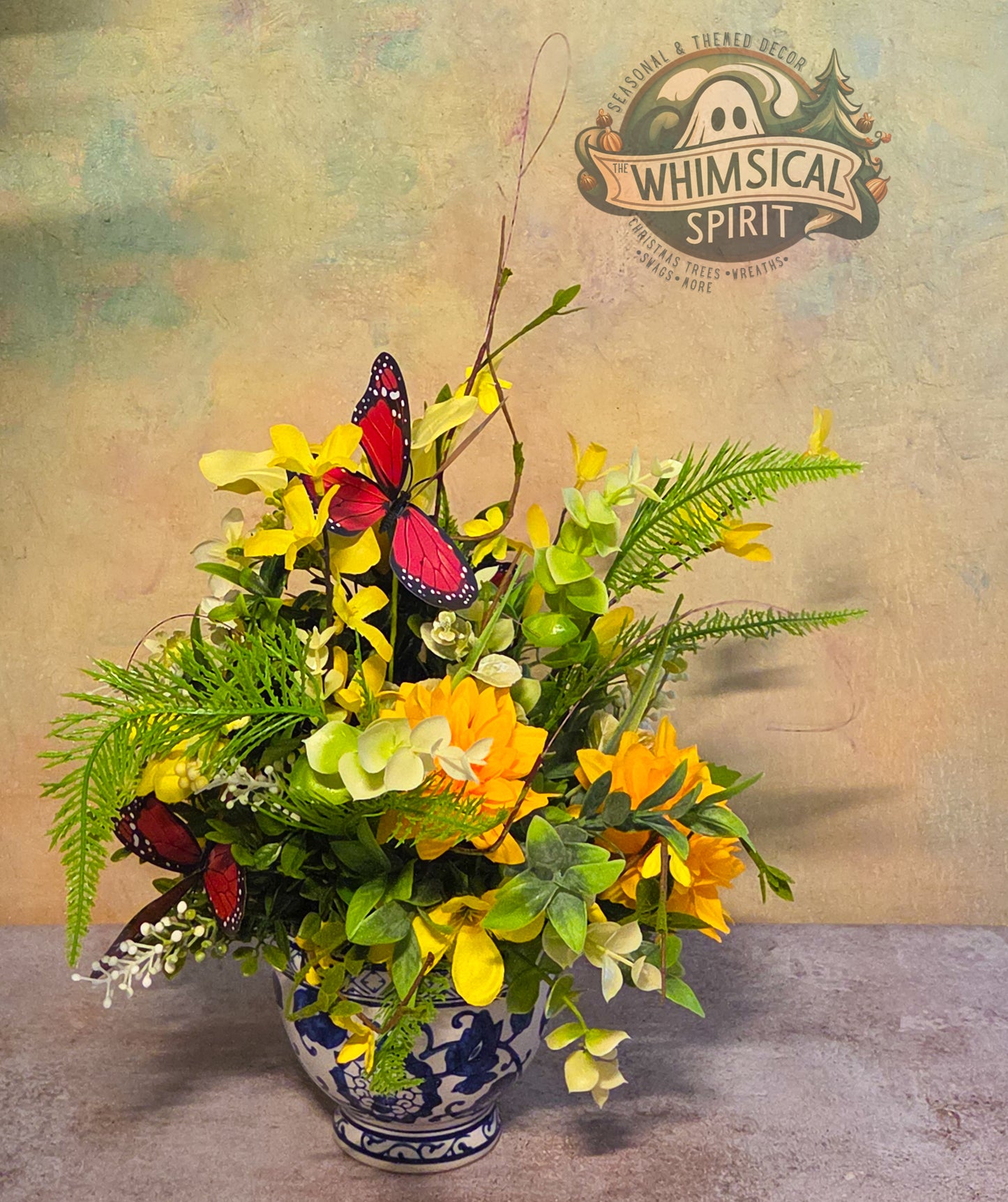 Porcelain Petal Drift - Butterfly Chinoiserie Floral Centerpiece