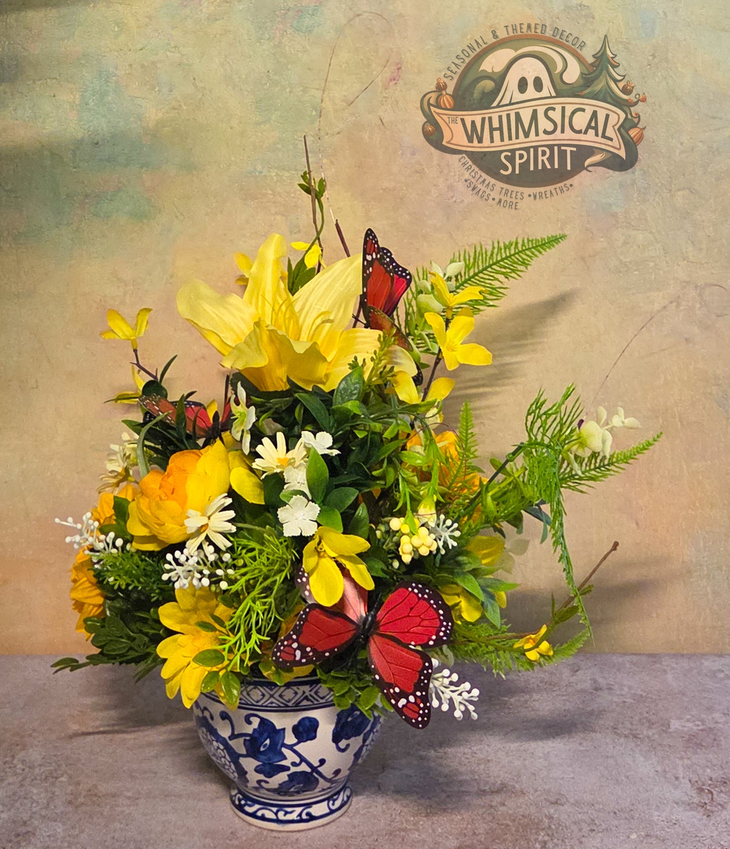 Porcelain Petal Drift - Butterfly Chinoiserie Floral Centerpiece