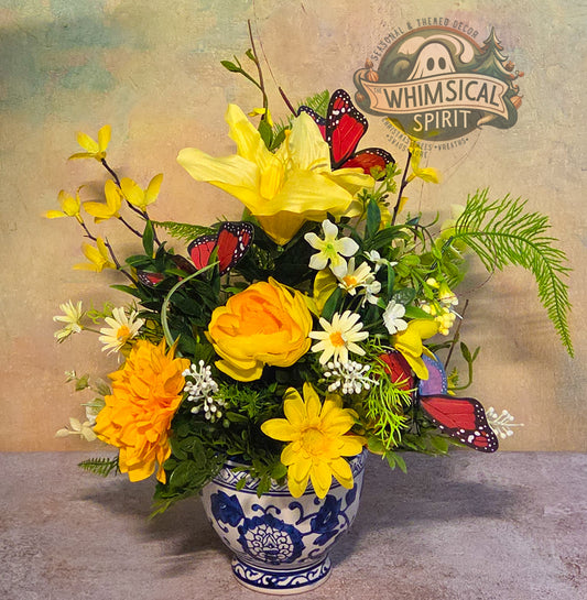 Porcelain Petal Drift - Butterfly Chinoiserie Floral Centerpiece