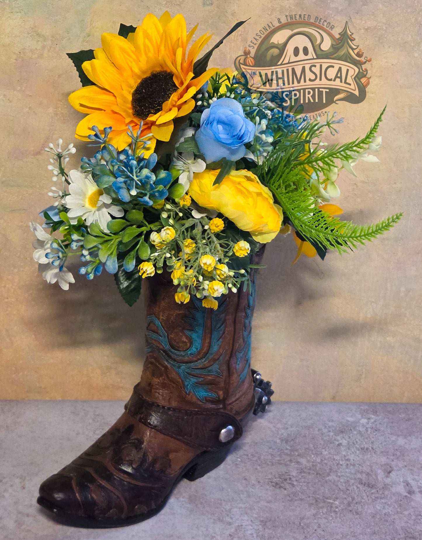 Prairie Sun Boot Bloom - Sunflower Bloom Floral Cowboy Boot Centerpiece
