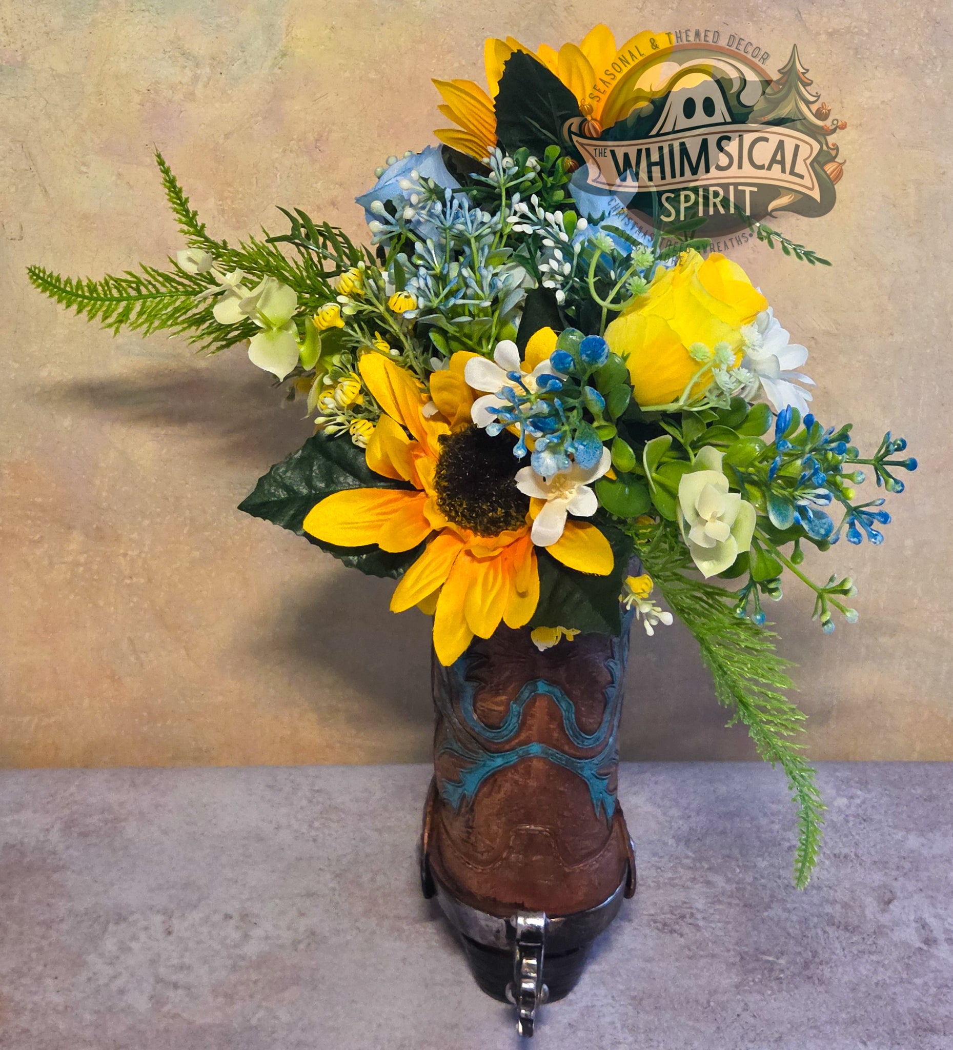 Prairie Sun Boot Bloom - Sunflower Bloom Floral Cowboy Boot Centerpiece