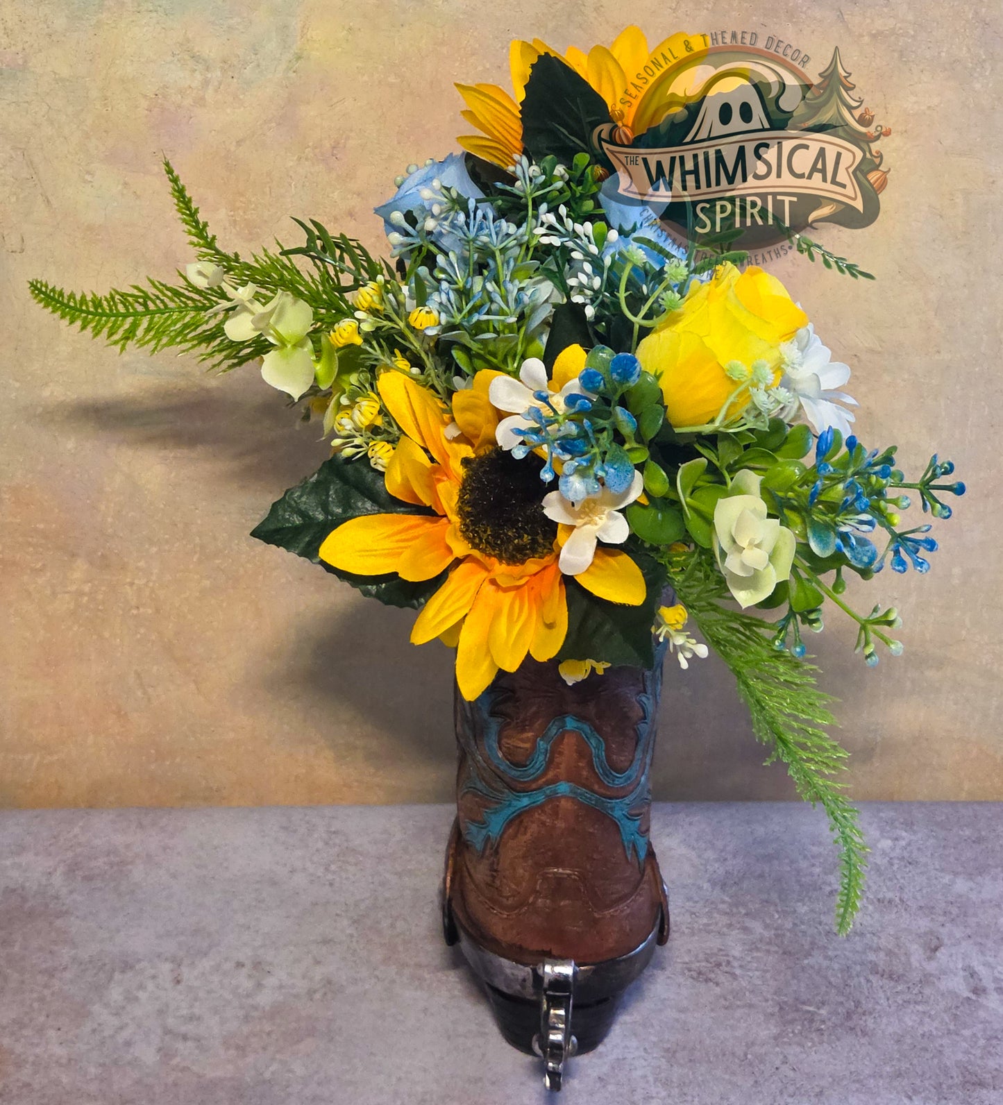 Prairie Sun Boot Bloom - Sunflower Bloom Floral Cowboy Boot Centerpiece