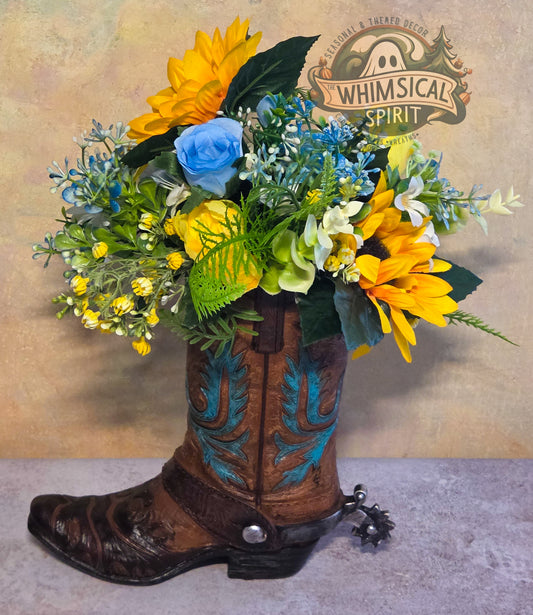 Prairie Sun Boot Bloom - Sunflower Bloom Floral Cowboy Boot Centerpiece