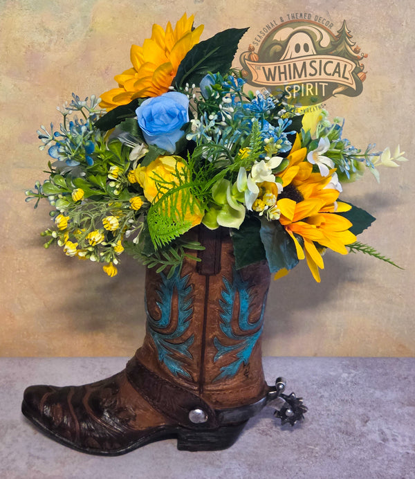 Prairie Sun Boot Bloom - Sunflower Bloom Floral Cowboy Boot Centerpiece