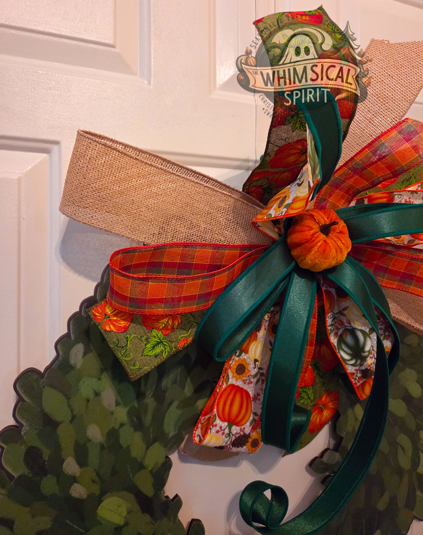 Pumpkin Patch Plaid | Fall Boxwood Wreath Door Hanger with Pumpkin Bow