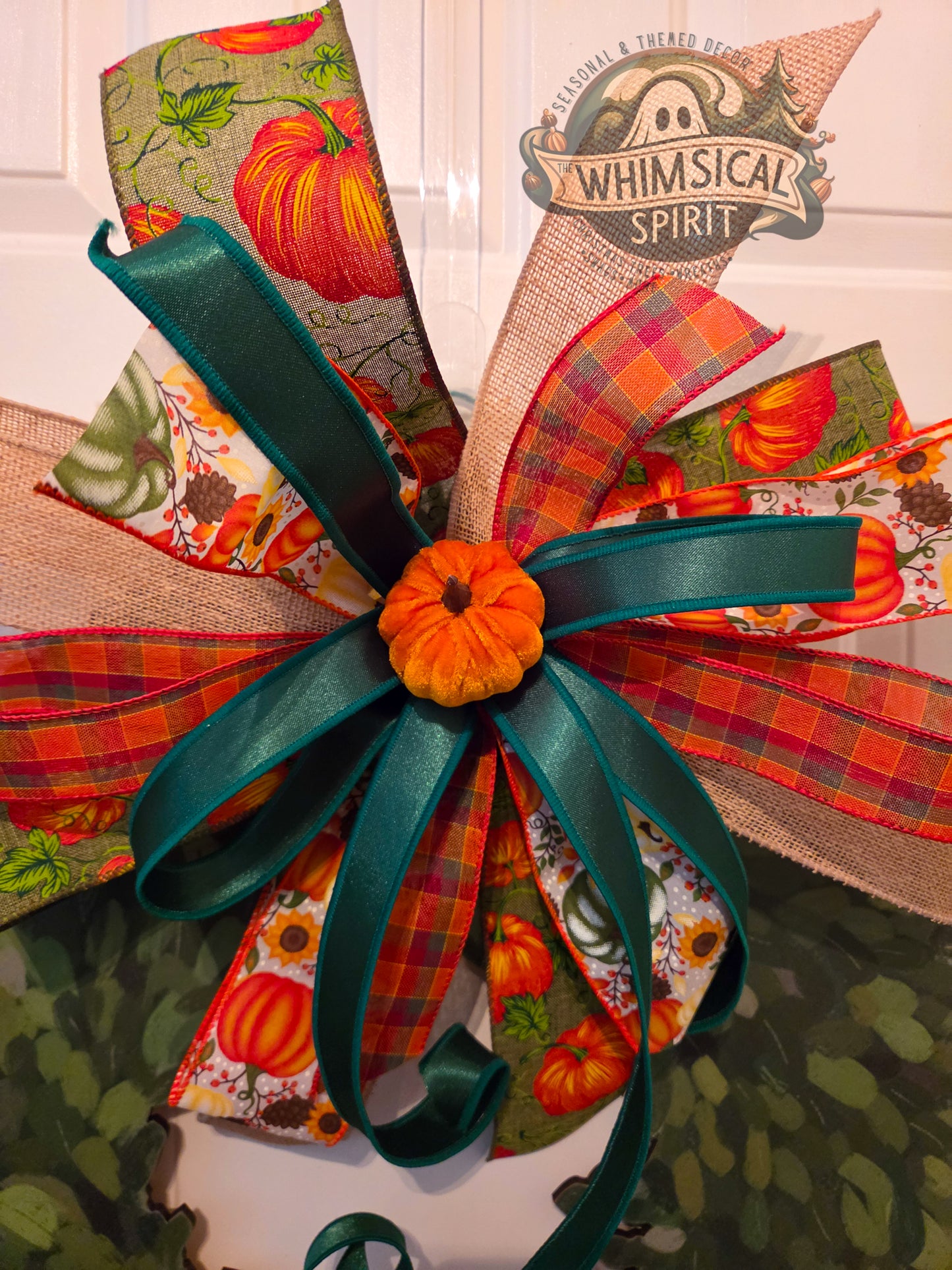 Pumpkin Patch Plaid | Fall Boxwood Wreath Door Hanger with Pumpkin Bow