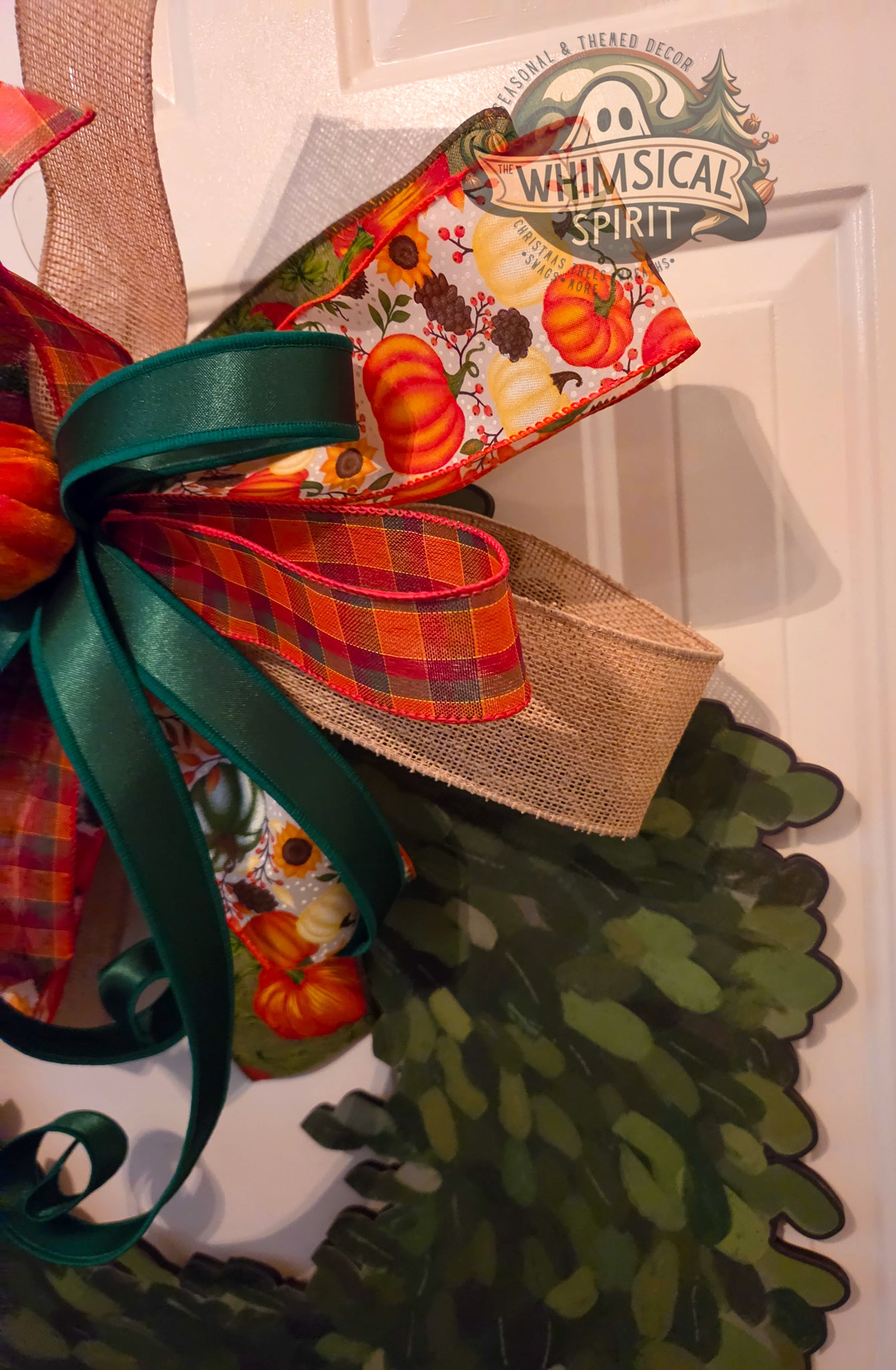 Pumpkin Patch Plaid | Fall Boxwood Wreath Door Hanger with Pumpkin Bow