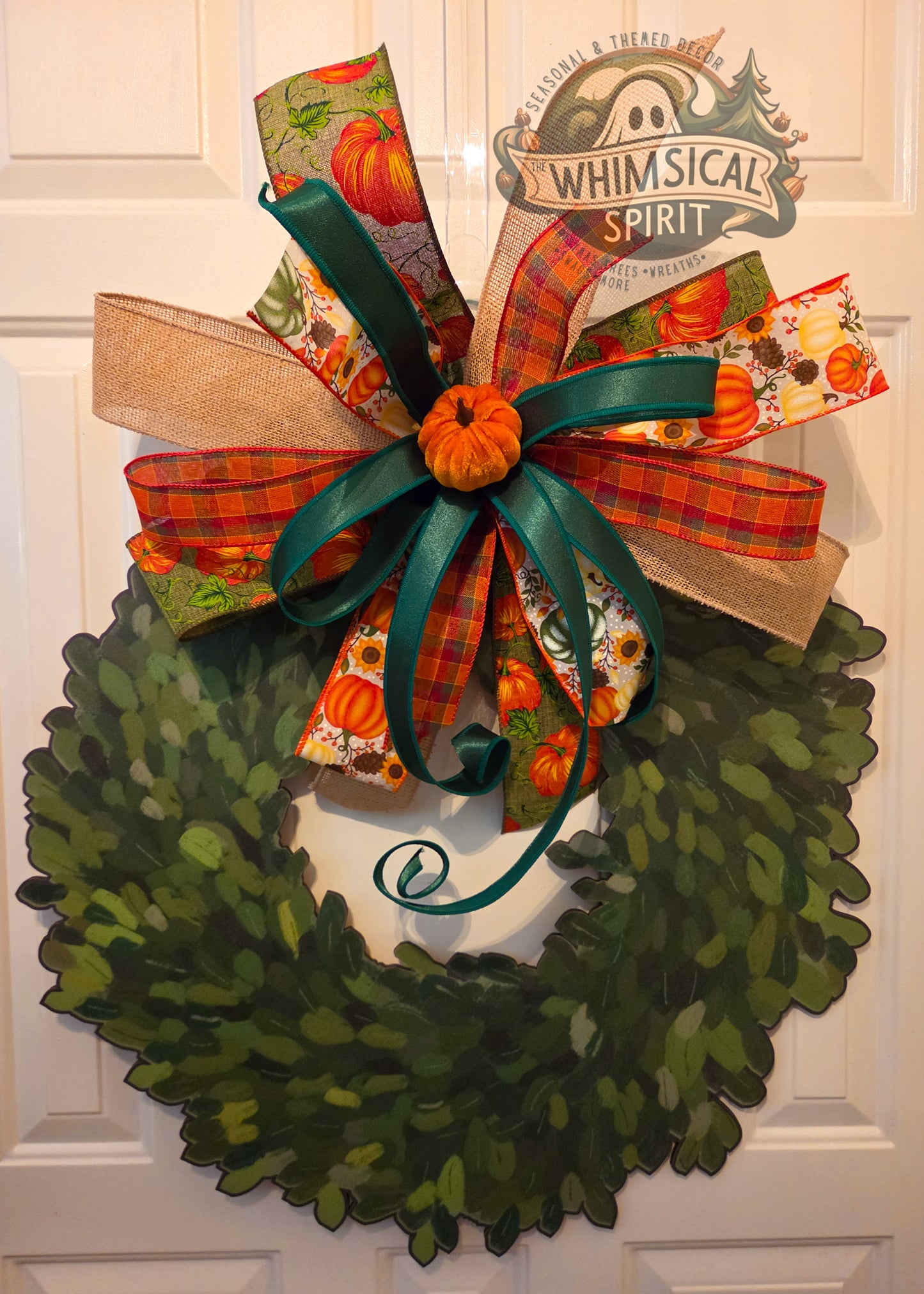 Pumpkin Patch Plaid | Fall Boxwood Wreath Door Hanger with Pumpkin Bow