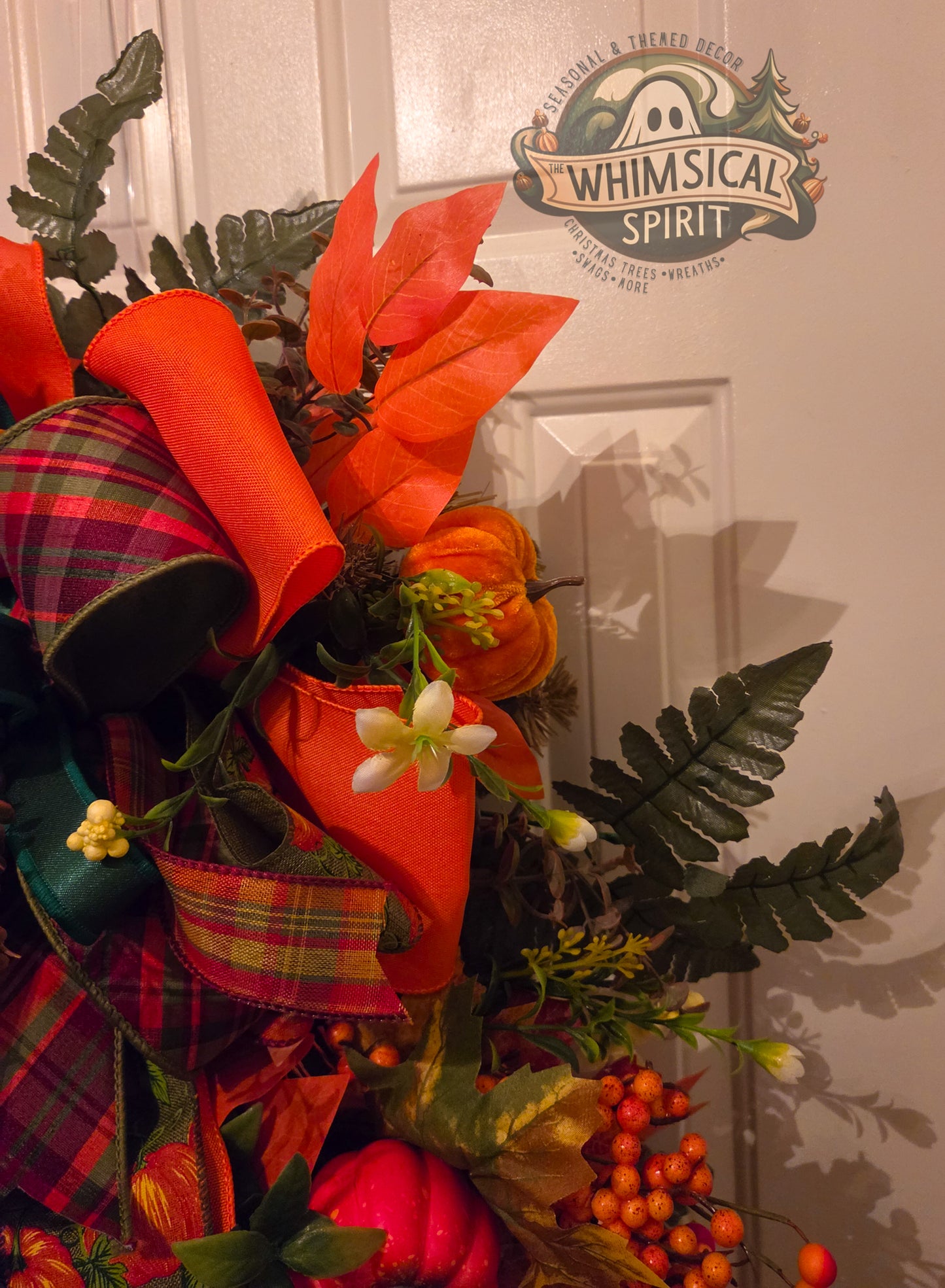 Pumpkins, Plaid & Pleasantries | Fall Pumpkin Front Door Swag with Autumn Leaves