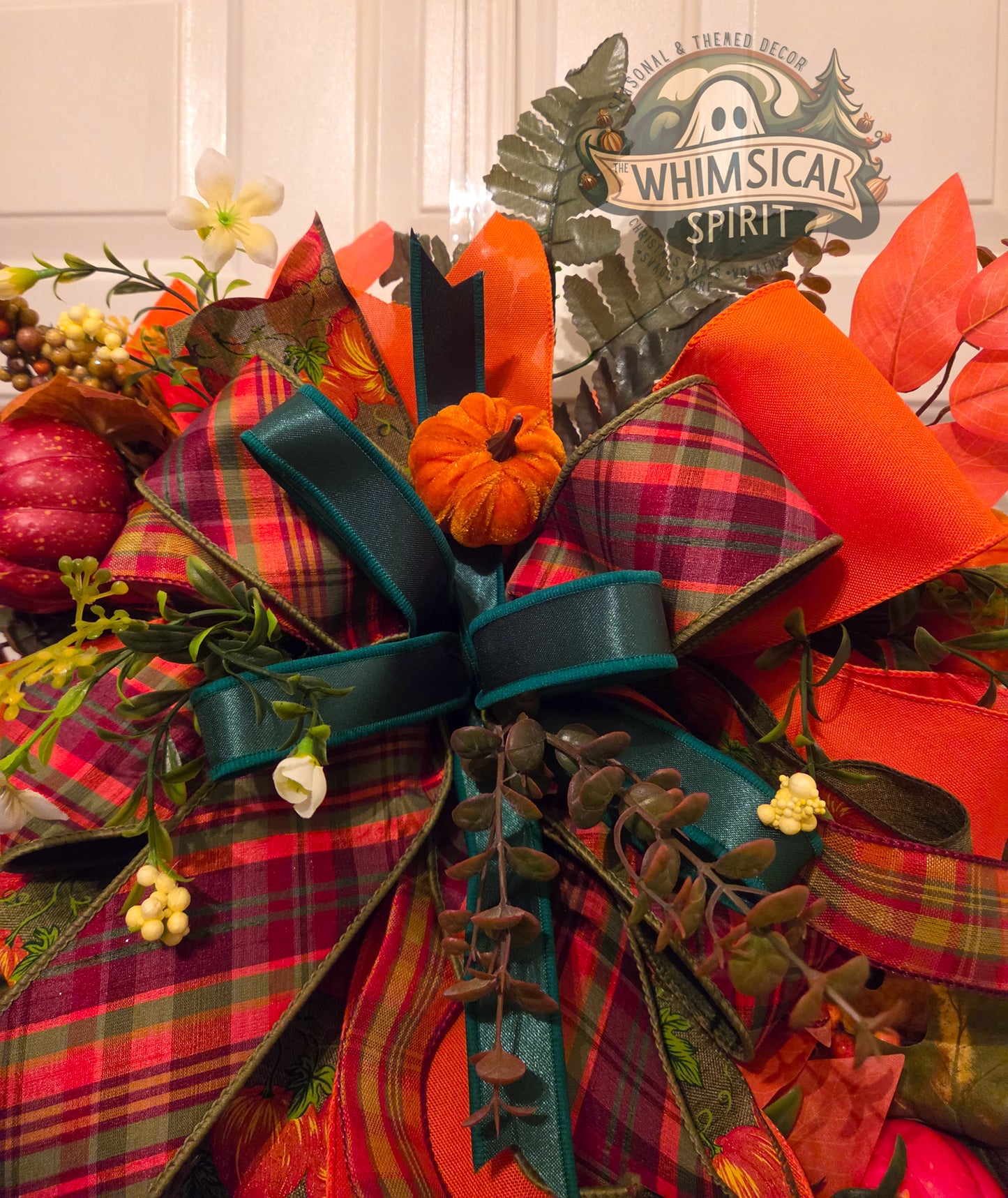 Pumpkins, Plaid & Pleasantries | Fall Pumpkin Front Door Swag with Autumn Leaves