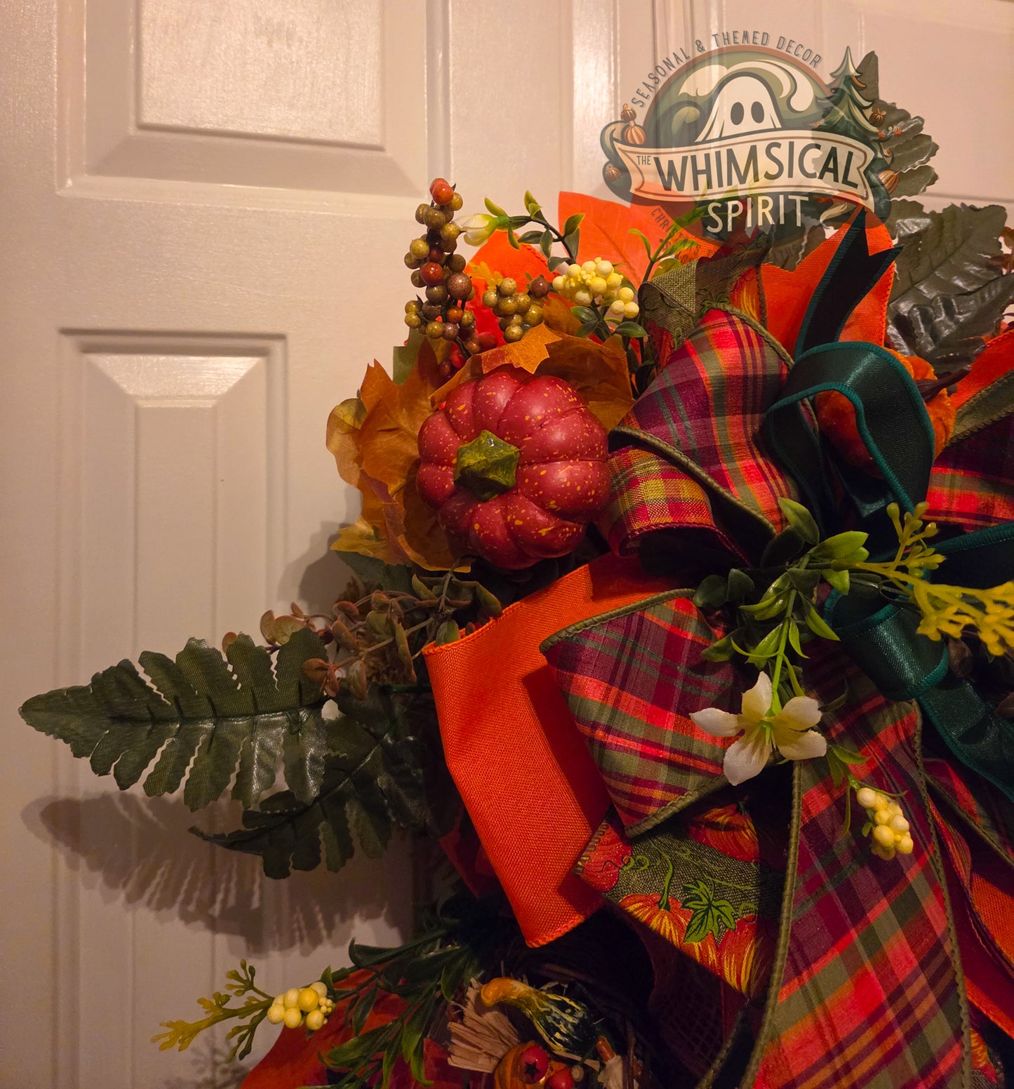 Pumpkins, Plaid & Pleasantries | Fall Pumpkin Front Door Swag with Autumn Leaves