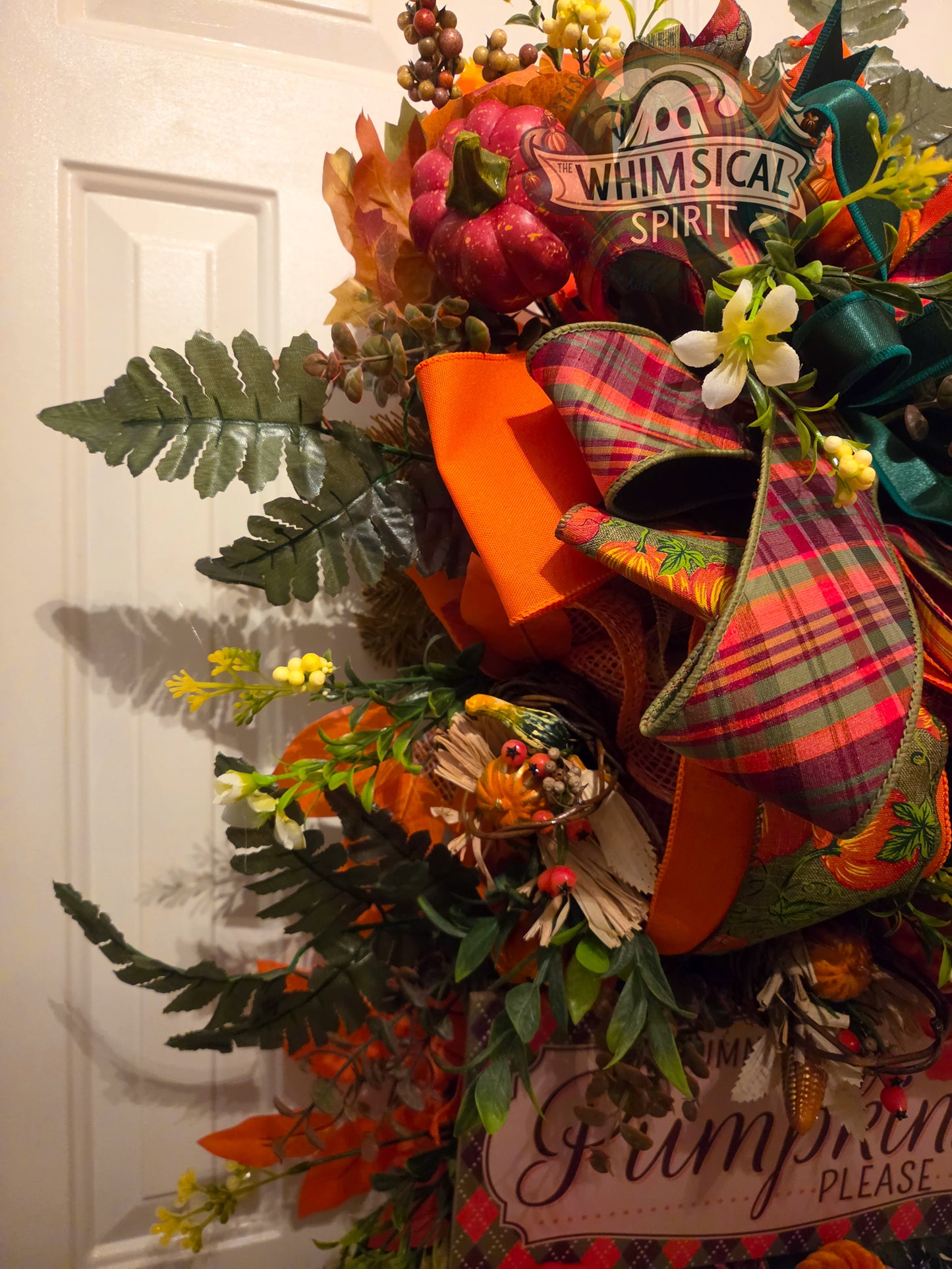 Pumpkins, Plaid & Pleasantries | Fall Pumpkin Front Door Swag with Autumn Leaves