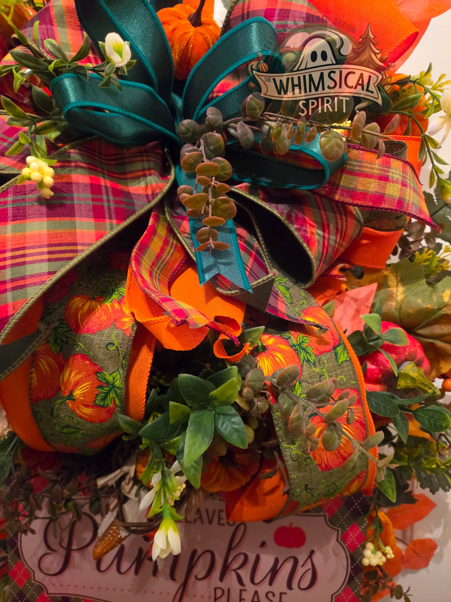 Pumpkins, Plaid & Pleasantries | Fall Pumpkin Front Door Swag with Autumn Leaves