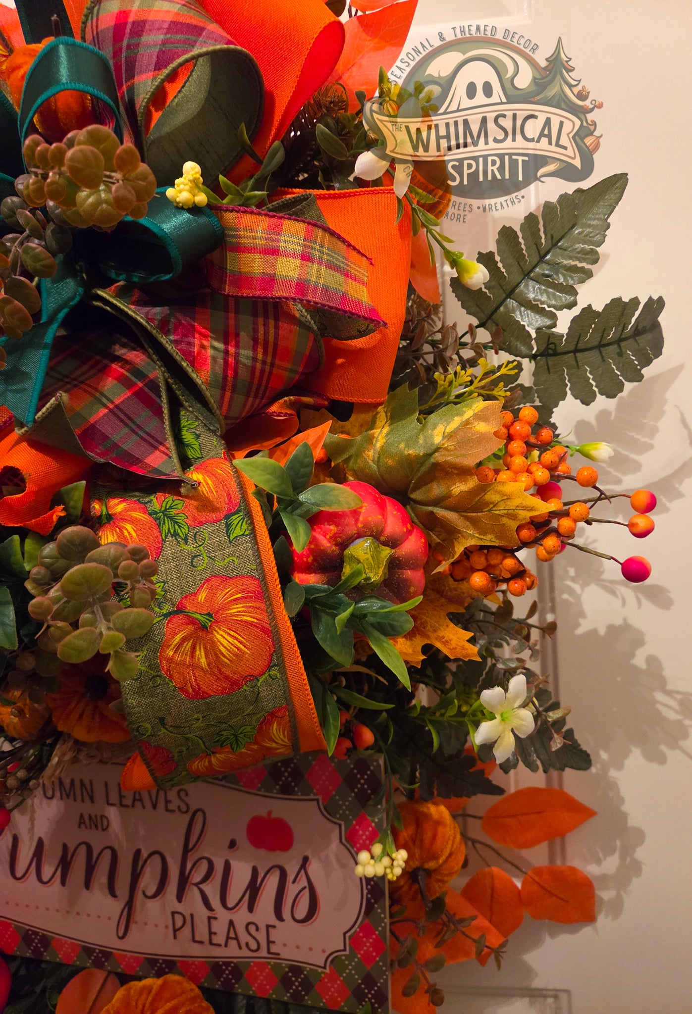 Pumpkins, Plaid & Pleasantries | Fall Pumpkin Front Door Swag with Autumn Leaves