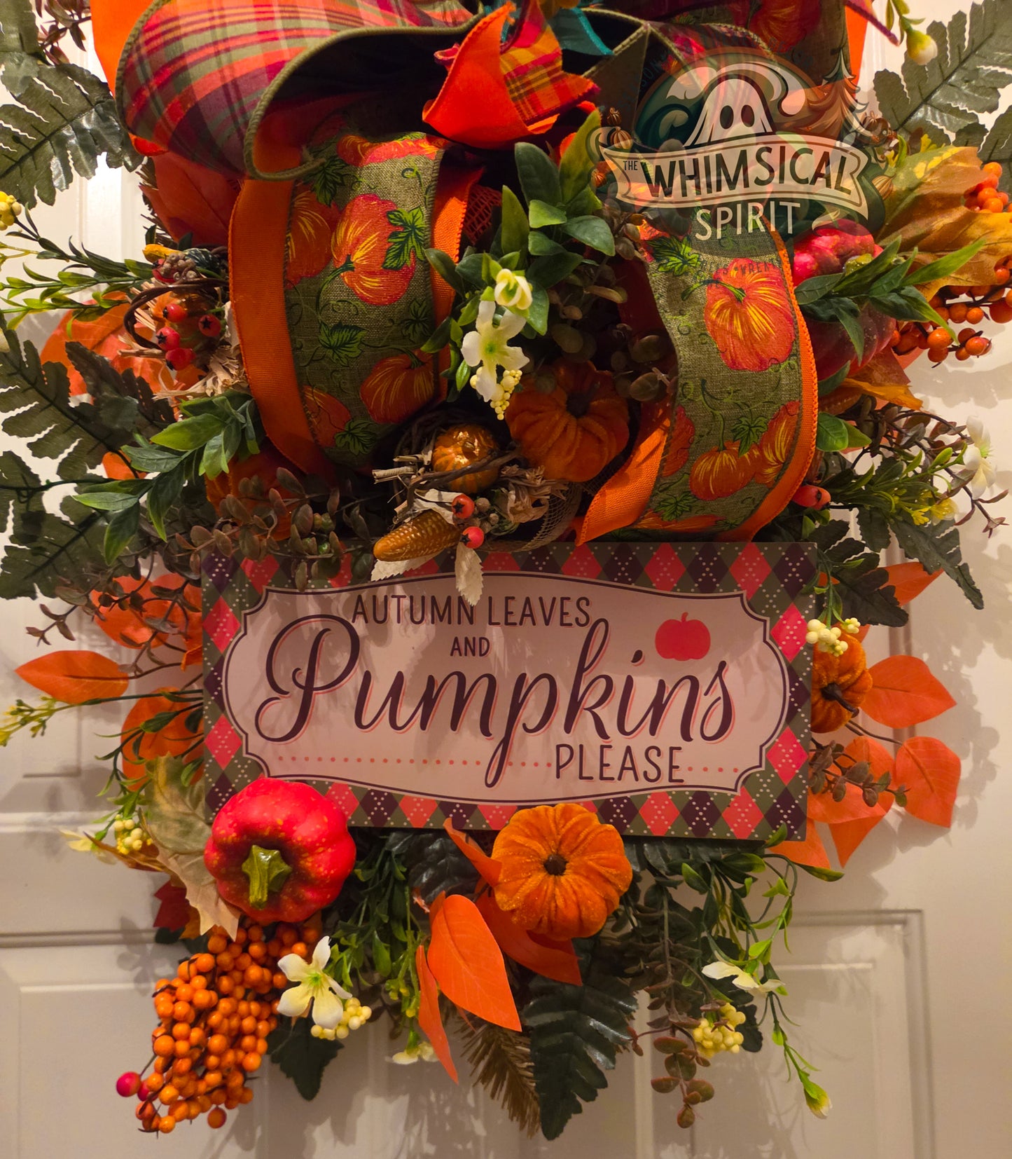Pumpkins, Plaid & Pleasantries | Fall Pumpkin Front Door Swag with Autumn Leaves