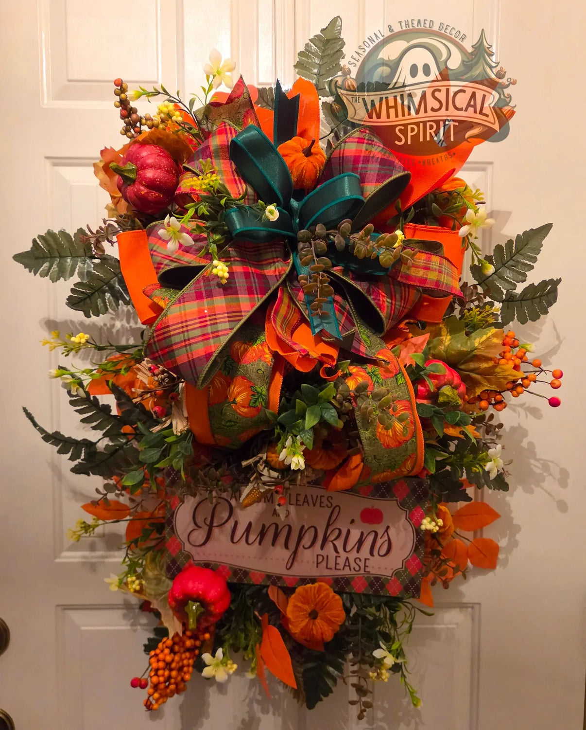 Pumpkins, Plaid & Pleasantries | Fall Pumpkin Front Door Swag with Autumn Leaves The Whimsical Spirit