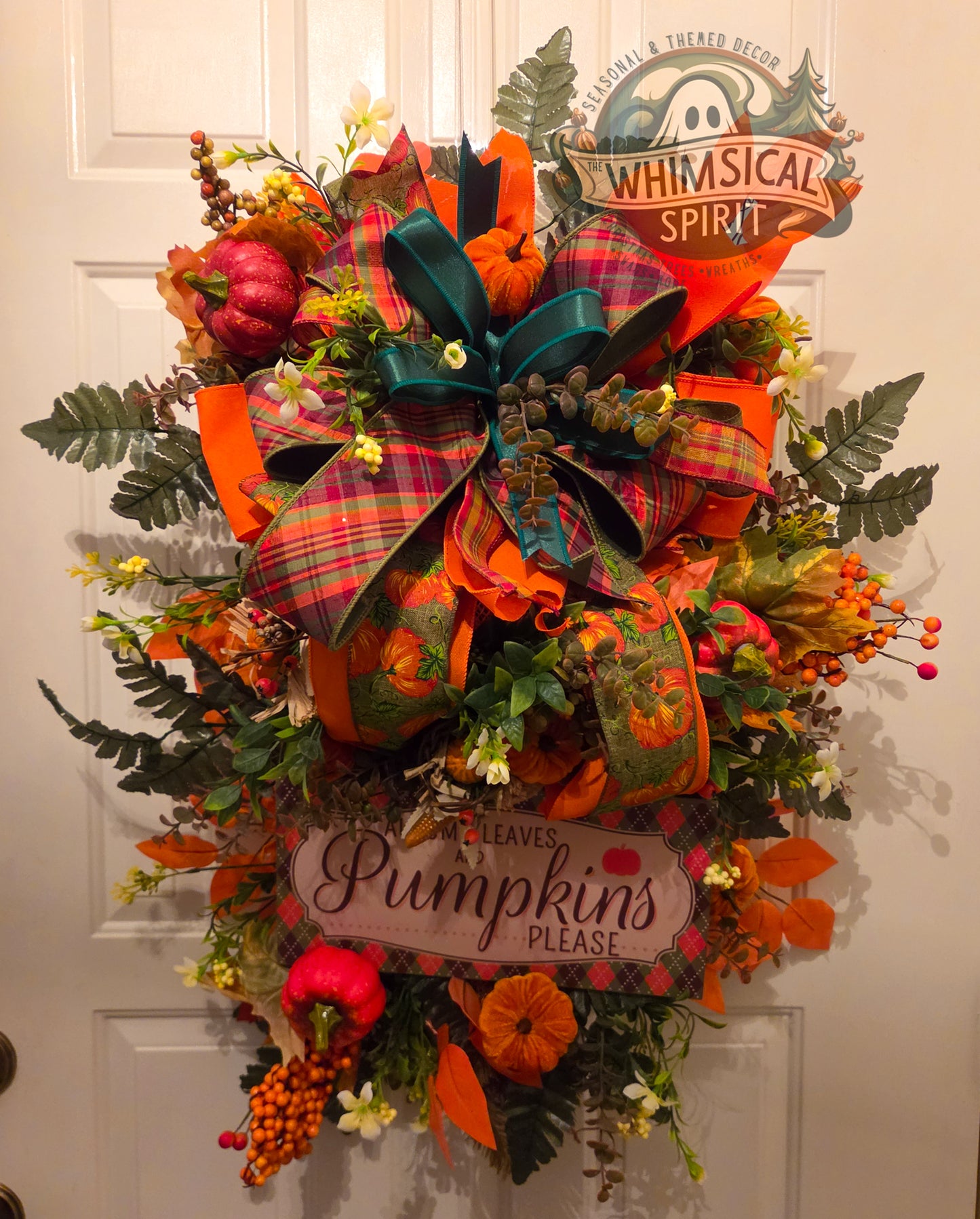Pumpkins, Plaid & Pleasantries | Fall Pumpkin Front Door Swag with Autumn Leaves