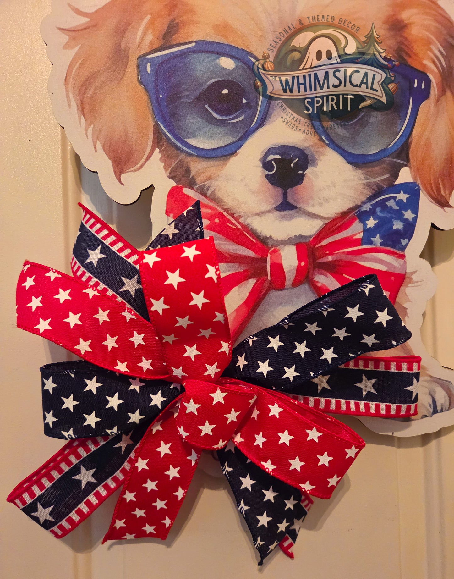 Red, Woof & Blue - 4th of July Patriotic Dog Lover Door Hanger with Bow