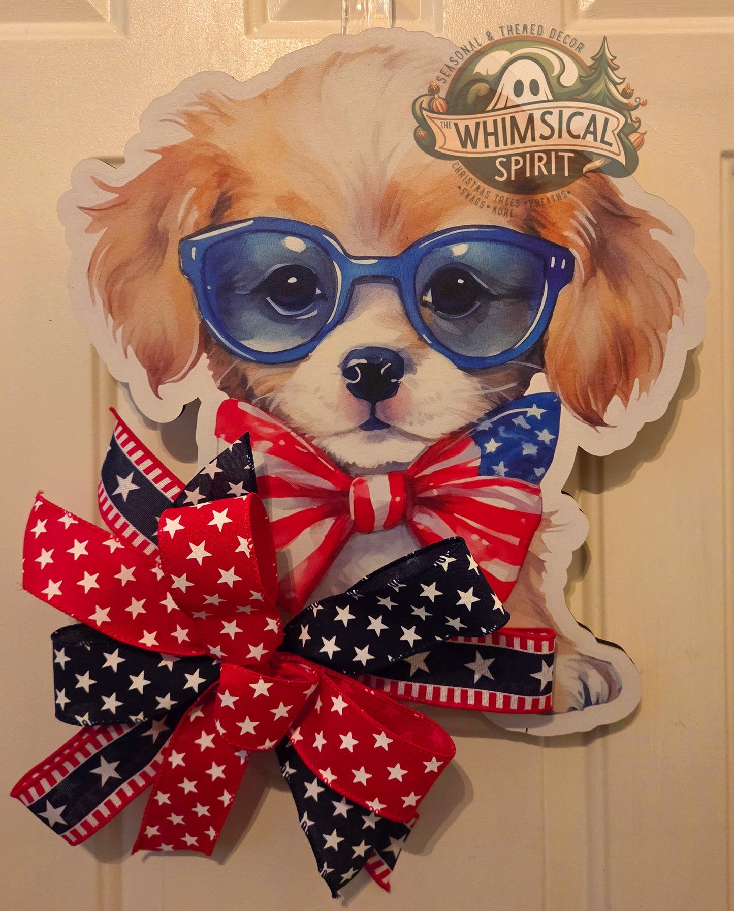 Red, Woof & Blue - 4th of July Patriotic Dog Lover Door Hanger with Bow