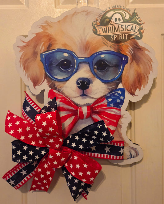 Red, Woof & Blue - 4th of July Patriotic Dog Lover Door Hanger with Bow